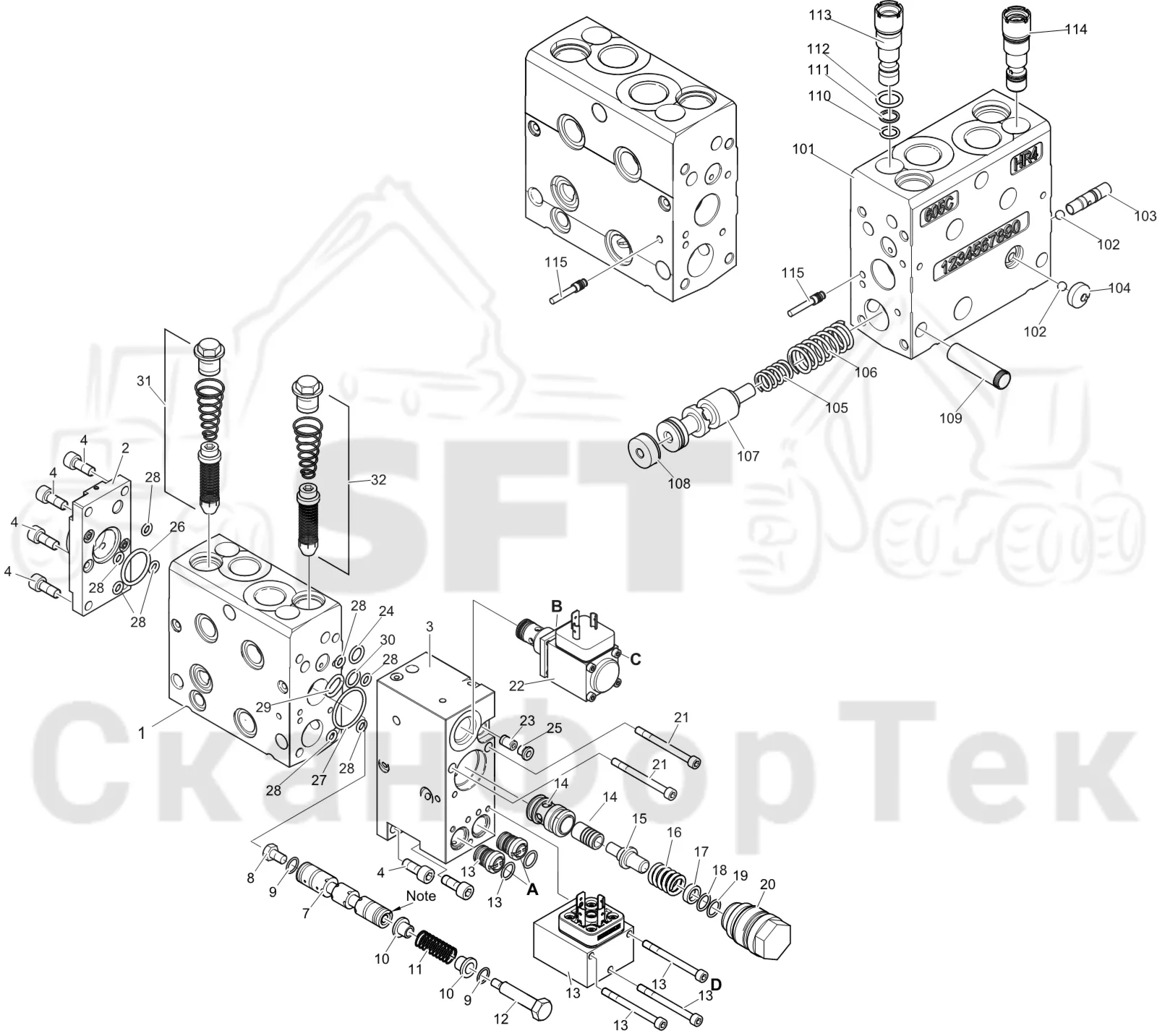 Схема: Komatsu / Лесозаготовительные машины / 931XC S/N 9313021208- / Каталог запасных частей / Лесозаготовительное оборудование / Головка лесозаготовительной машины / V132E / Каталог запасных частей / Гидравлический клапан / Клапан. Задние сучкорезные ножи
