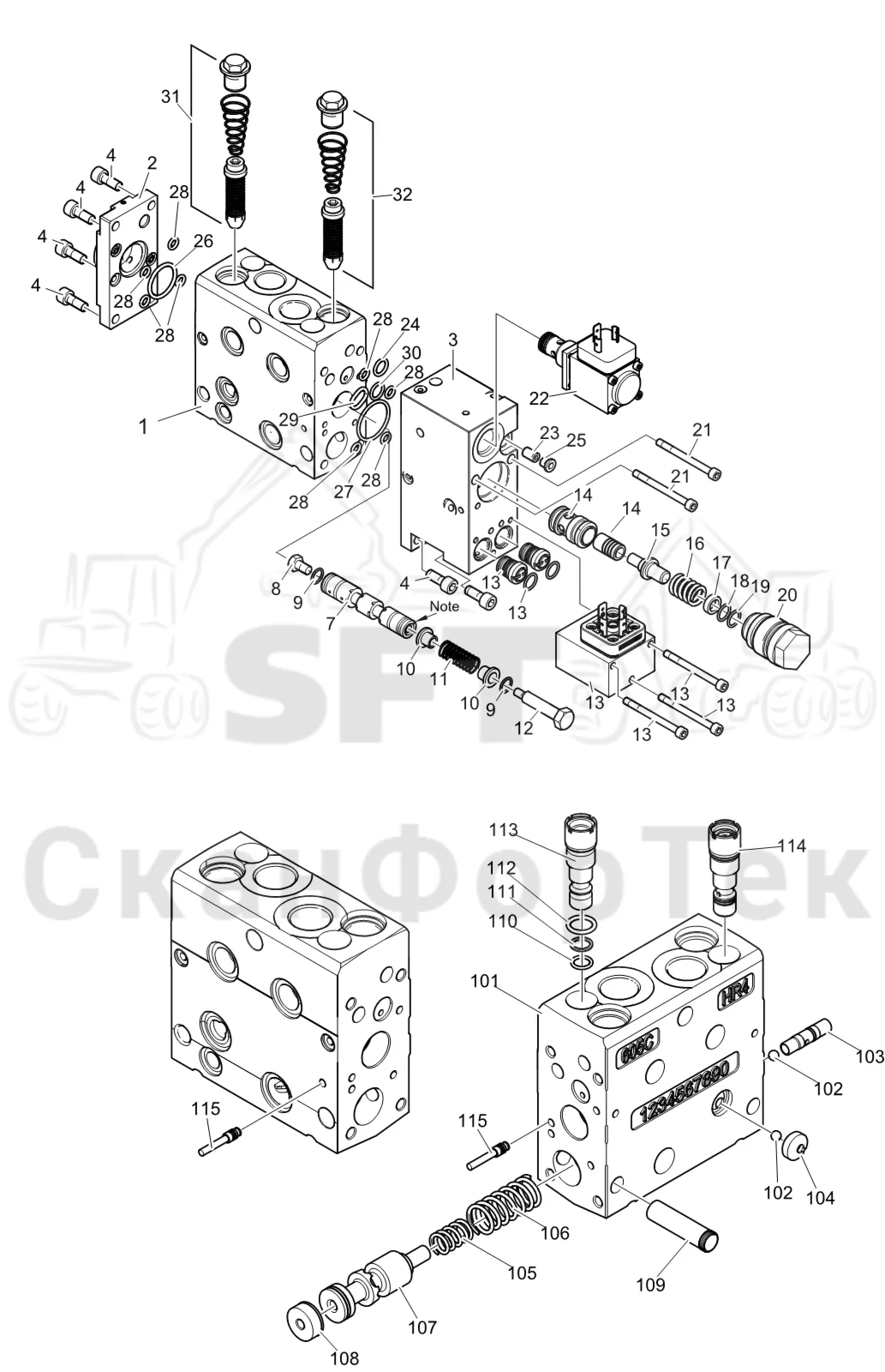 Схема: Komatsu / Лесозаготовительные машины / 931XC S/N 9313021208- / Каталог запасных частей / Лесозаготовительное оборудование / Головка лесозаготовительной машины / V132E / Каталог запасных частей / Гидравлический клапан / Клапан передних сучкорезных ножей