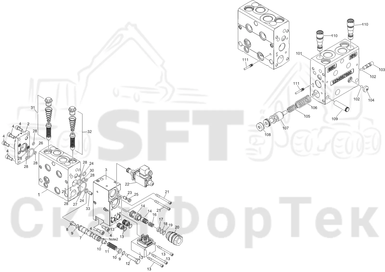 Схема: Komatsu / Лесозаготовительные машины / 931XC S/N 9313021208- / Каталог запасных частей / Лесозаготовительное оборудование / Головка лесозаготовительной машины / V132E / Каталог запасных частей / Гидравлический клапан / Наклон