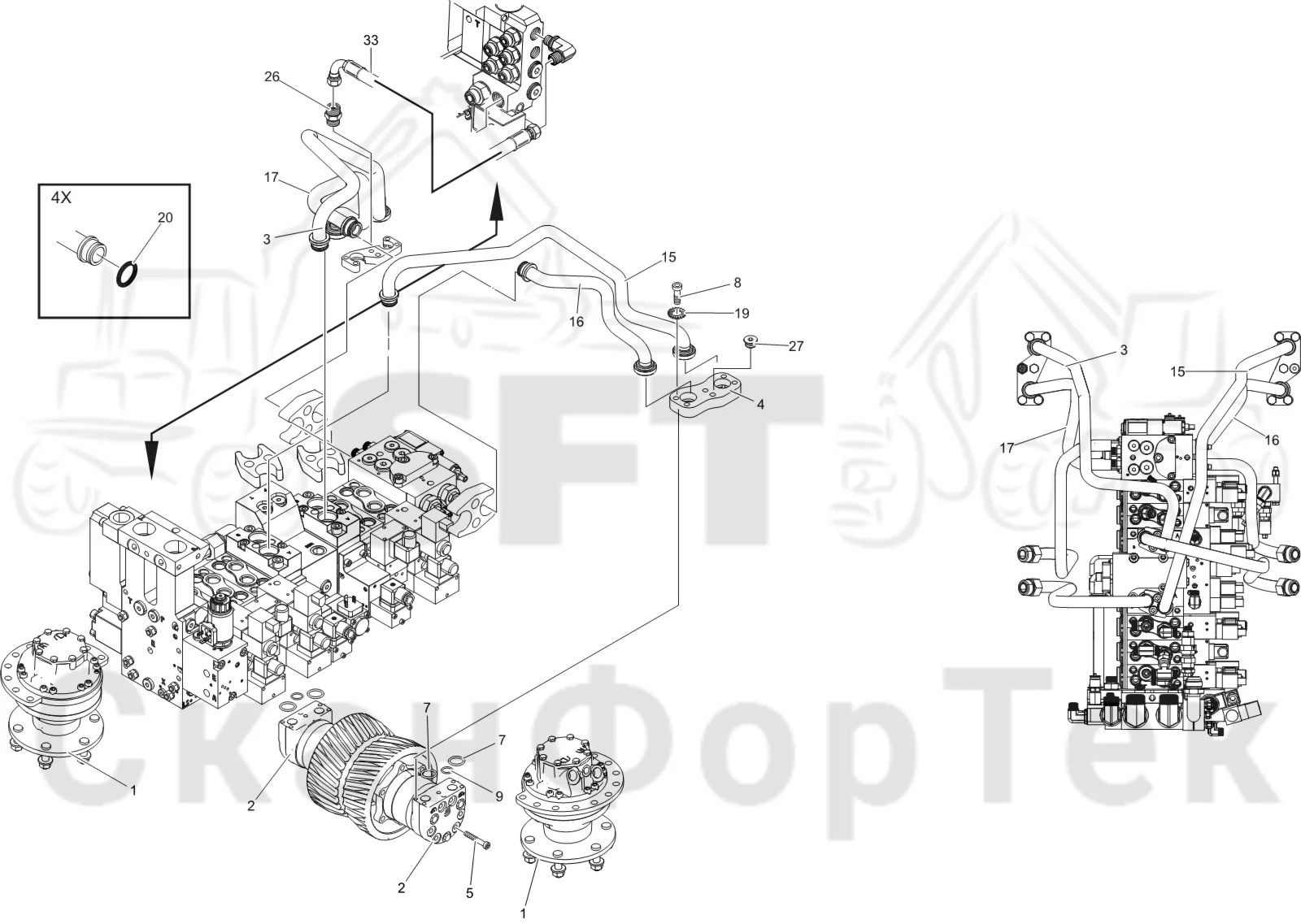 Схема: Komatsu / Лесозаготовительные машины / 931XC S/N 9313021208- / Каталог запасных частей / Лесозаготовительное оборудование / Головка лесозаготовительной машины / C123 / Каталог запасных частей / Подача / Гидравлический мотор625/315 cc