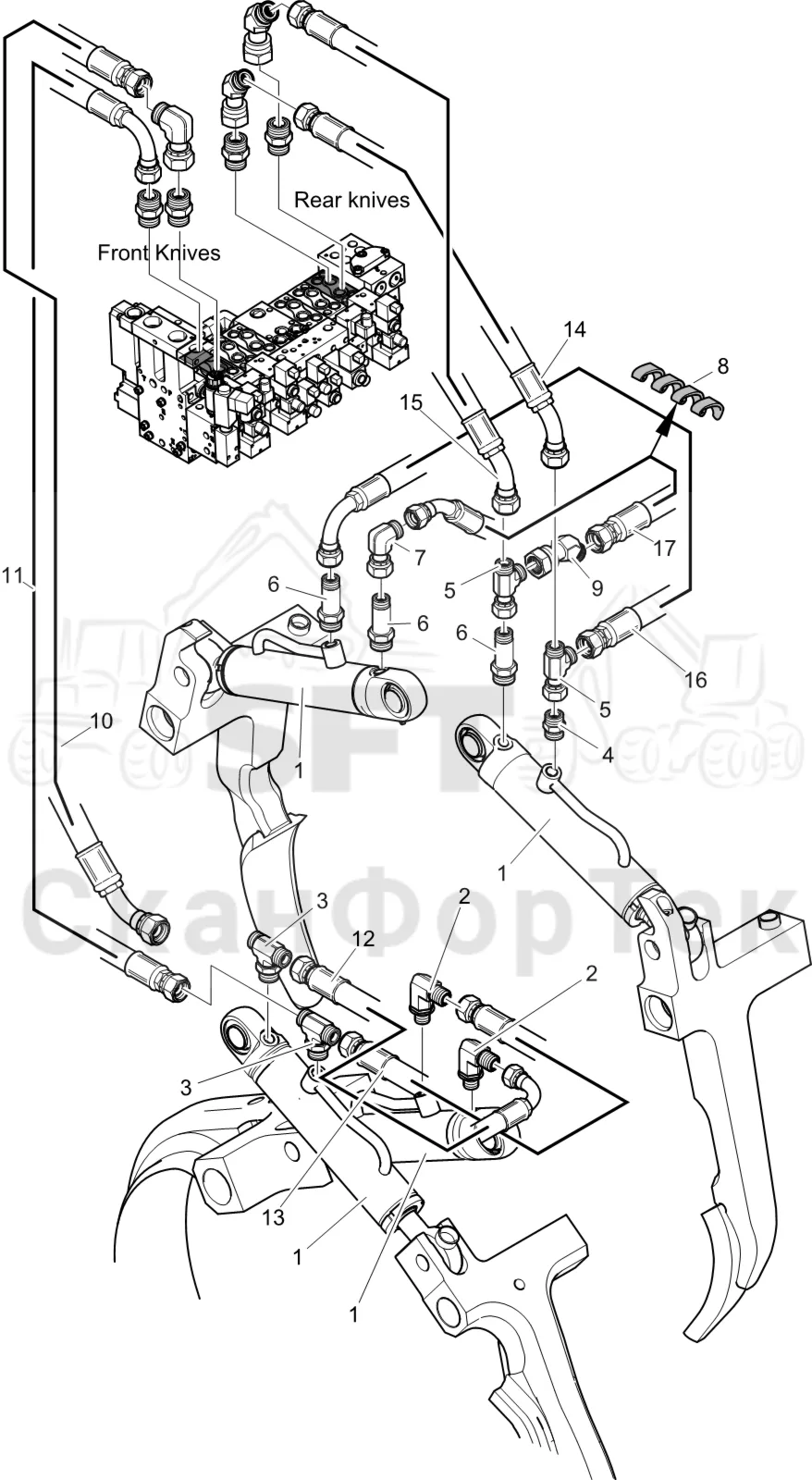 Схема: Komatsu / Лесозаготовительные машины / 931XC S/N 9313021208- / Каталог запасных частей / Лесозаготовительное оборудование / Головка лесозаготовительной машины / C123 / Каталог запасных частей / Обрезка сучьев / Гидравлический привод сучкорезного ножа