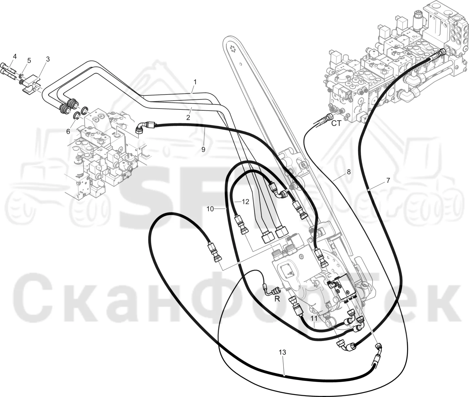 Схема: Komatsu / Лесозаготовительные машины / 931XC S/N 9313021208- / Каталог запасных частей / Лесозаготовительное оборудование / Головка лесозаготовительной машины / C123 / Каталог запасных частей / Резка / Гидравлическое устройство резки, шасси  1123017241-
