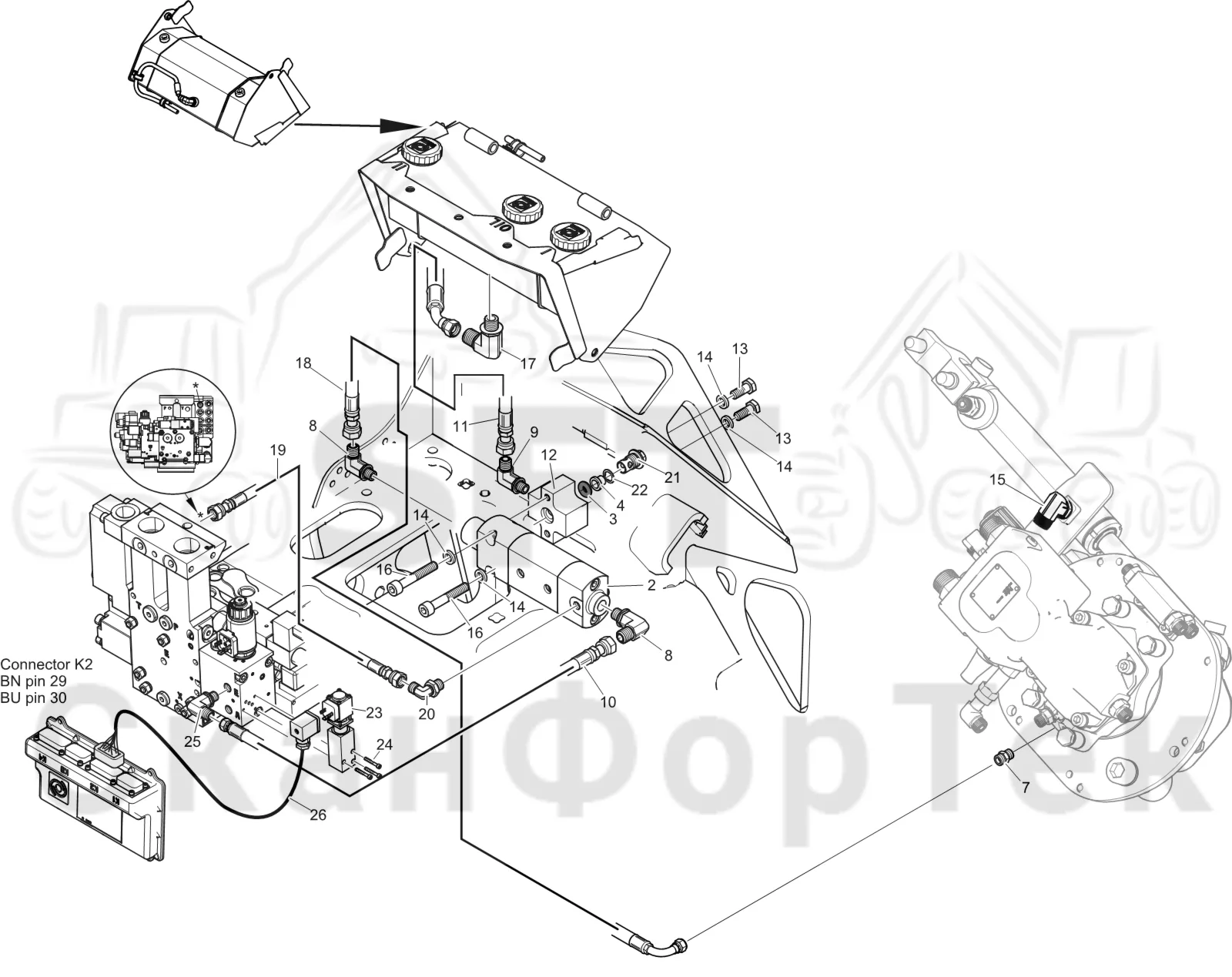 Схема: Komatsu / Лесозаготовительные машины / 931XC S/N 9313021208- / Каталог запасных частей / Лесозаготовительное оборудование / Головка лесозаготовительной машины / C123 / Каталог запасных частей / Резка / Масленка Eco системы смазки цепи