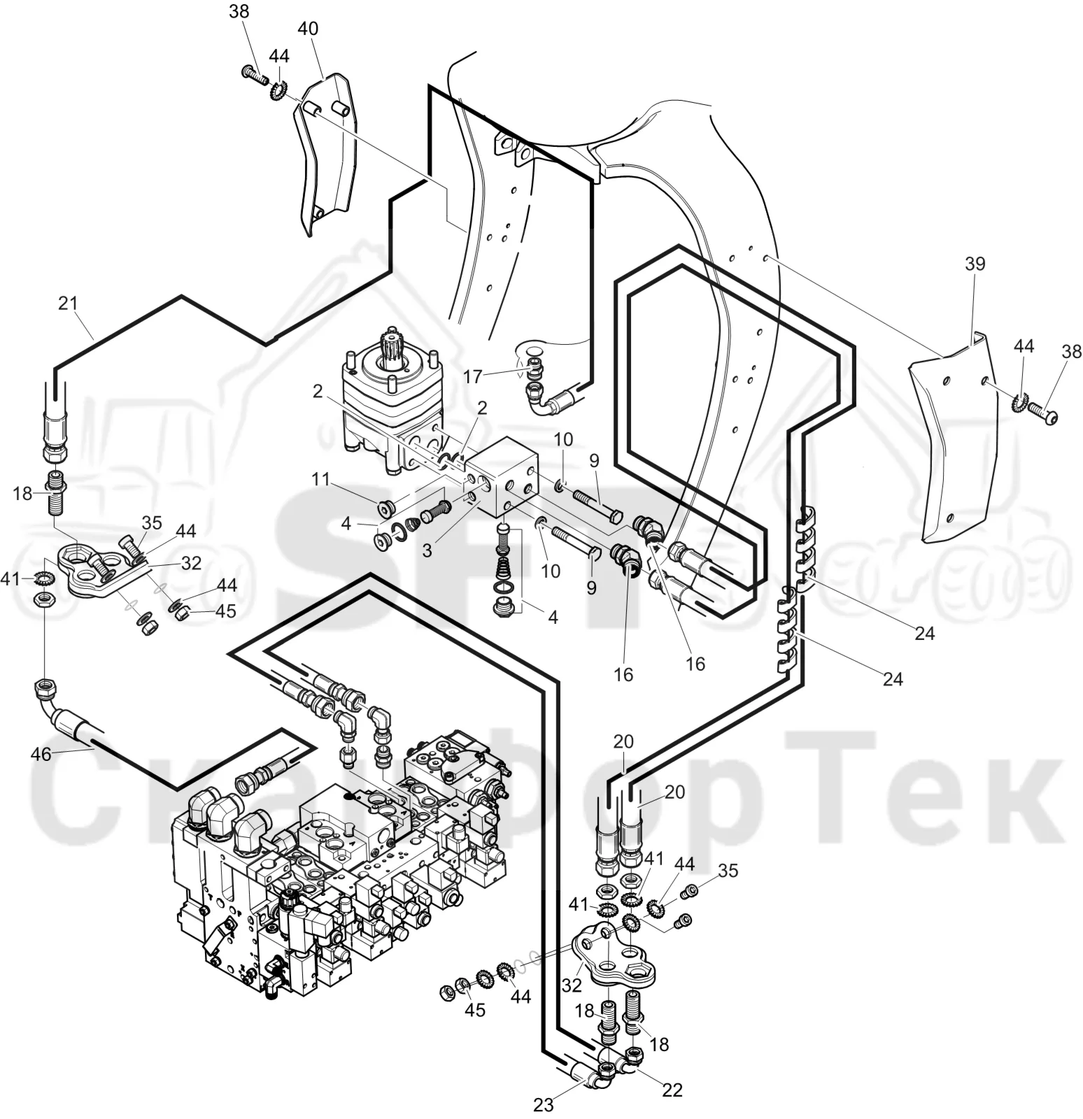 Схема: Komatsu / Лесозаготовительные машины / 931XC S/N 9313021208- / Каталог запасных частей / Лесозаготовительное оборудование / Головка лесозаготовительной машины / C123 / Каталог запасных частей / Поворотные устройства и звенья / Гидравлическое оборудование поворотного устройства