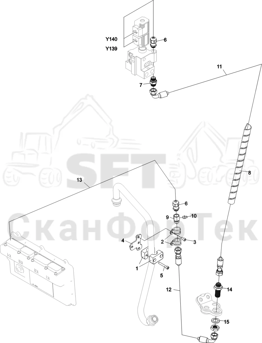 Схема: Komatsu / Лесозаготовительные машины / 931XC S/N 9313021208- / Каталог запасных частей / Лесозаготовительное оборудование / Головка лесозаготовительной машины / C123 / Каталог запасных частей / Поворотные устройства и звенья / Гидравлическое оборудование головки подъемного крана Комплект электрооборудования Габота с несколькими деЂевьями CRH 18- 22/200H-230H/ORFS