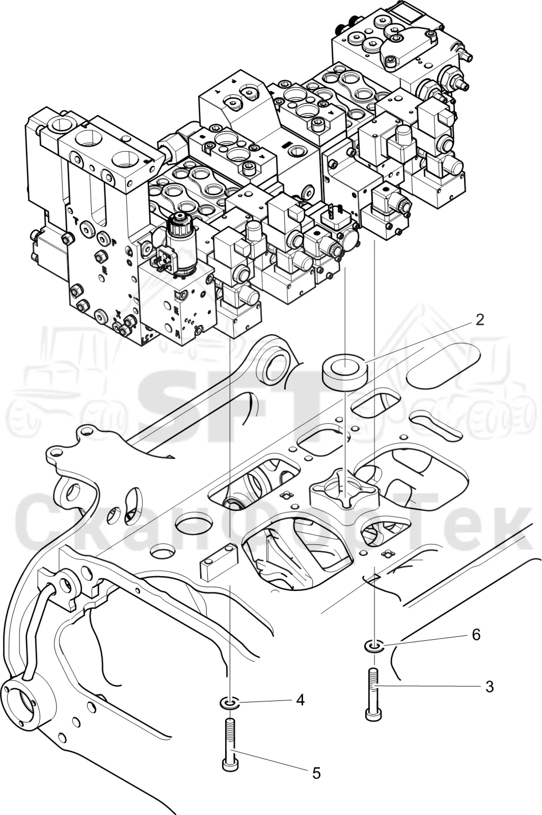Схема: Komatsu / Лесозаготовительные машины / 931XC S/N 9313021208- / Каталог запасных частей / Лесозаготовительное оборудование / Головка лесозаготовительной машины / C123 / Каталог запасных частей / Гидравлический клапан / Кронштейн клапана