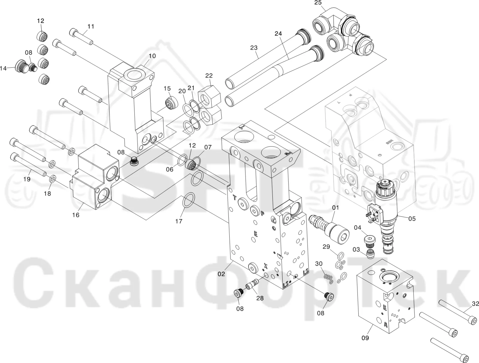 Схема: Komatsu / Лесозаготовительные машины / 931XC S/N 9313021208- / Каталог запасных частей / Лесозаготовительное оборудование / Головка лесозаготовительной машины / C123 / Каталог запасных частей / Гидравлический клапан / Впускной - выпускной