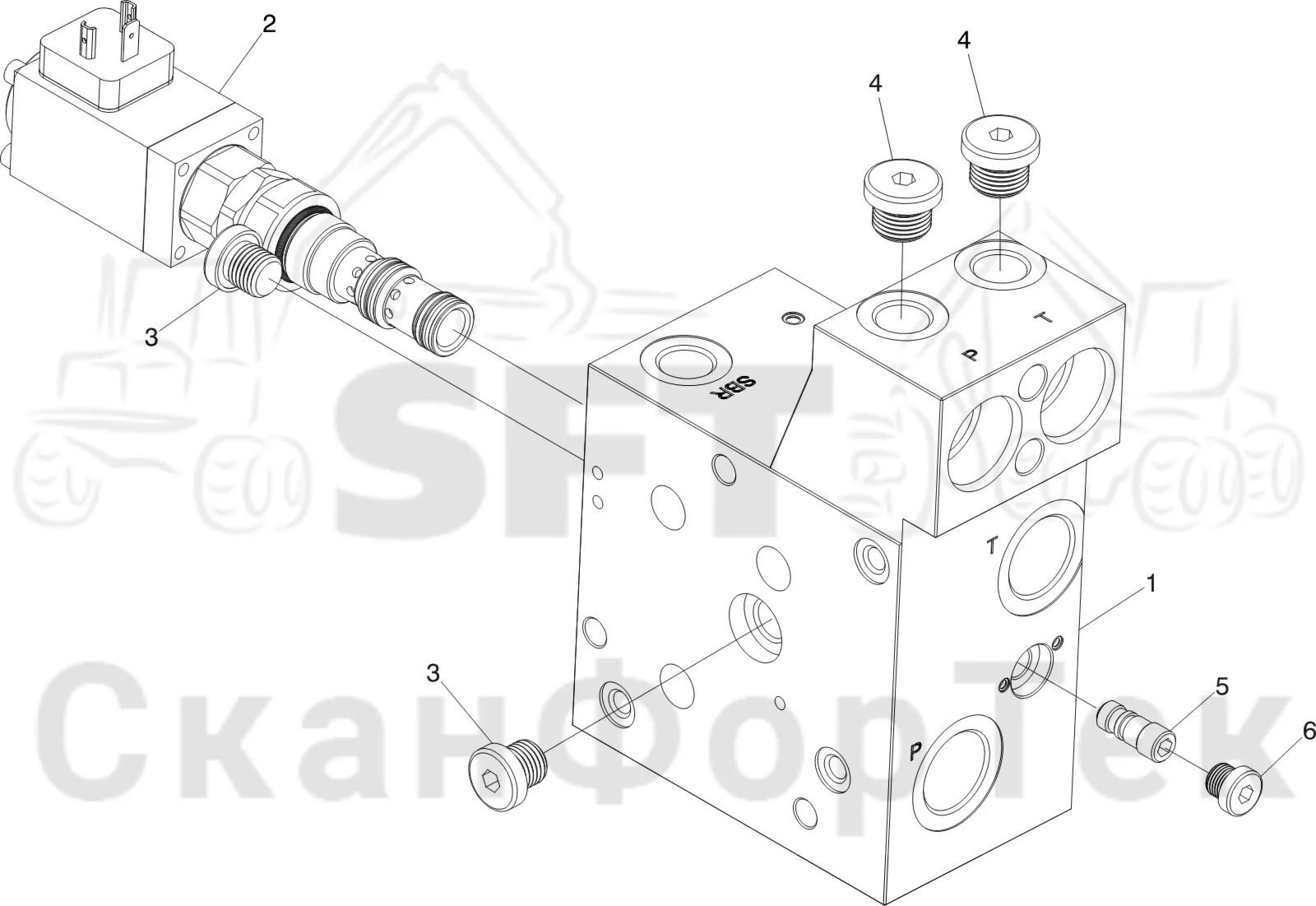 Схема: Komatsu / Лесозаготовительные машины / 931XC S/N 9313021208- / Каталог запасных частей / Лесозаготовительное оборудование / Головка лесозаготовительной машины / C123 / Каталог запасных частей / Гидравлический клапан / Центральная секция