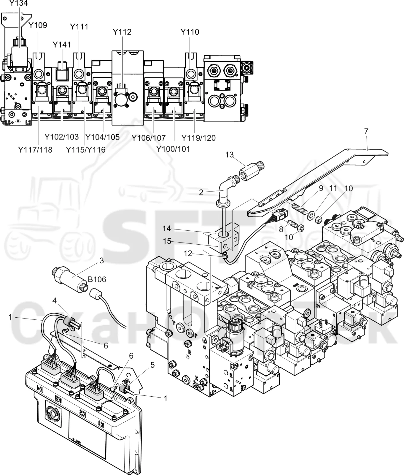 Схема: Komatsu / Лесозаготовительные машины / 931XC S/N 9313021208- / Каталог запасных частей / Лесозаготовительное оборудование / Головка лесозаготовительной машины / C123 / Каталог запасных частей / Гидравлический клапан / Монтажная проводка клапана