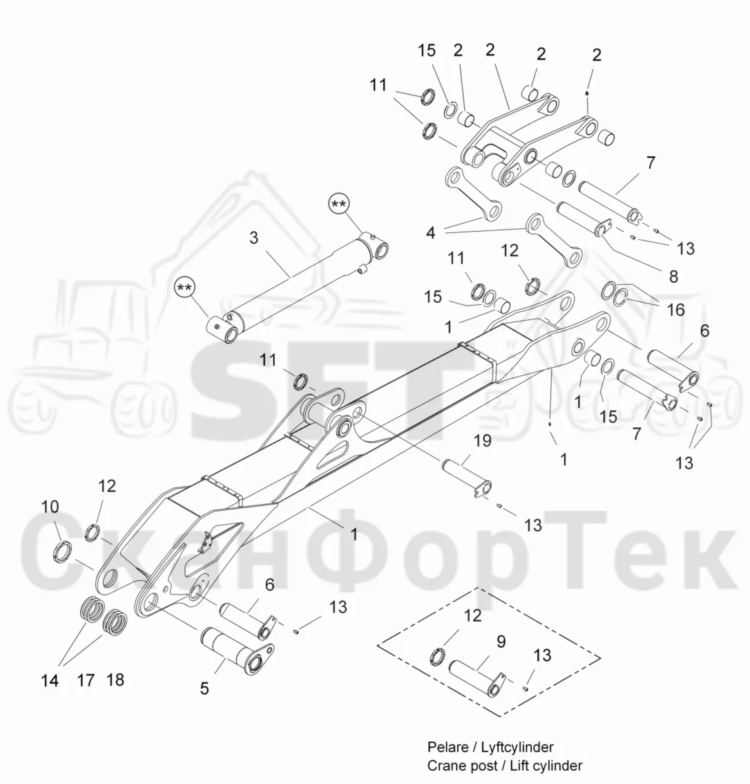 Схема: Valmet / Форвардер / Valmet 890.2 / Valmet 890.2 / Каталог запасных частей / Подъемный кран / Подъемный кран / Valmet CRF 14 Ch. V1001- / Каталог запасных частей / Первая стрела / Основная стрела