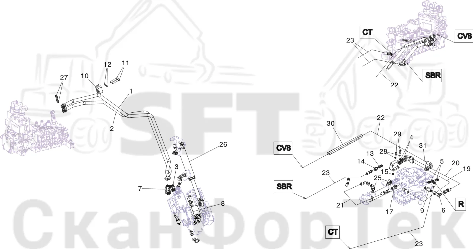 Схема: Komatsu / Лесозаготовительные машины / 931XC S/N 9313021208- / Каталог запасных частей / Лесозаготовительное оборудование / Головка лесозаготовительной машины / V132E / Каталог запасных частей / Резка / Устройство резки / Гидравлическое устройство резки, шасси