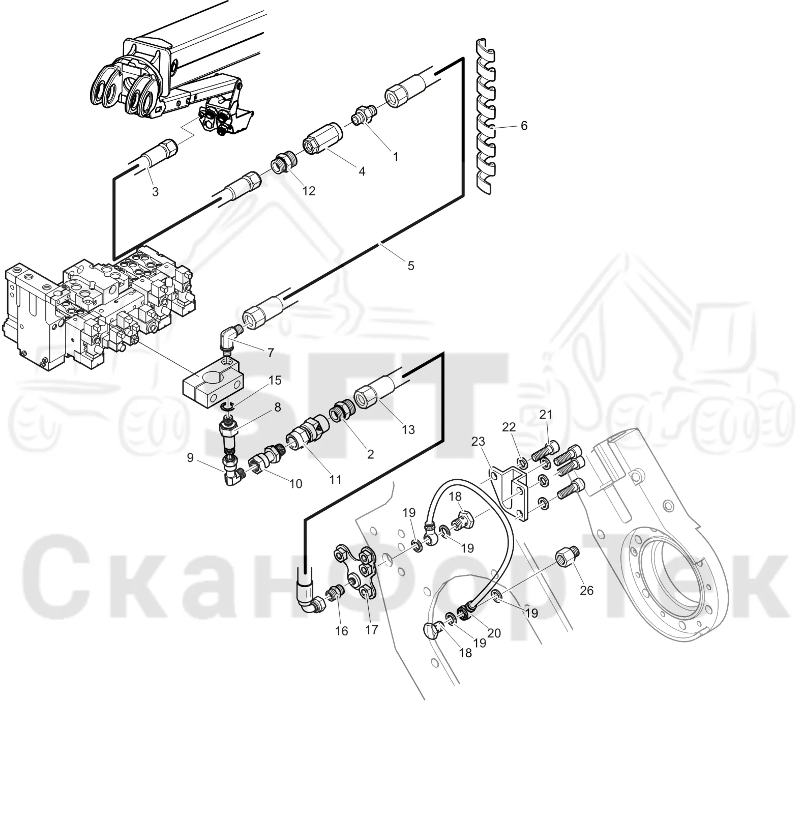 Схема: Komatsu / Лесозаготовительные машины / 931XC S/N 9313021208- / Каталог запасных частей / Лесозаготовительное оборудование / Головка лесозаготовительной машины / C123 / Каталог запасных частей / Резка / Корчевка пней / Корчевка пней JIC/Габота с несколькими деЂевьямиГабота с несколькими деЂевьями