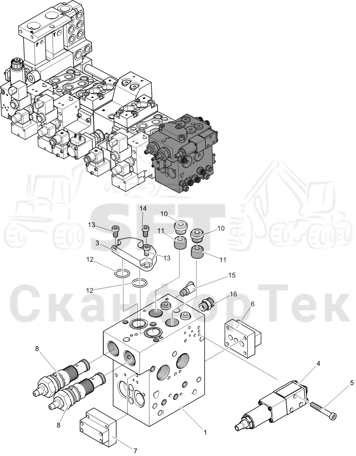 Схема: Komatsu / Лесозаготовительные машины / 931XC S/N 9313021208- / Каталог запасных частей / Лесозаготовительное оборудование / Головка лесозаготовительной машины / C123 / Каталог запасных частей / Гидравлический клапан / Торцевая секция / Торцевая секция Цветовая маркировка