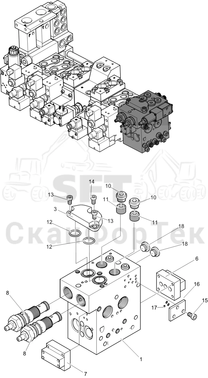 Схема: Komatsu / Лесозаготовительные машины / 931XC S/N 9313021208- / Каталог запасных частей / Лесозаготовительное оборудование / Головка лесозаготовительной машины / C123 / Каталог запасных частей / Гидравлический клапан / Торцевая секция / Торцевая секция без Цветовая маркировка