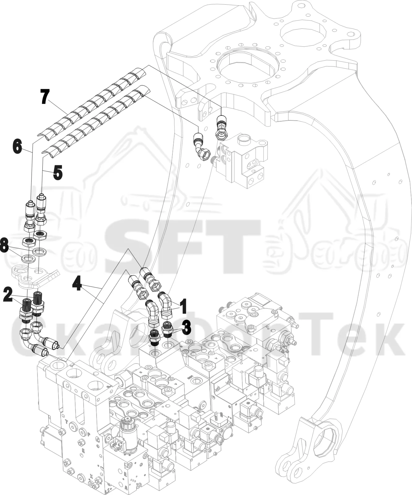 Схема: Komatsu / Лесозаготовительные машины / 931XC S/N 9313021208- / Каталог запасных частей / Лесозаготовительное оборудование / Головка лесозаготовительной машины / C123 / Каталог запасных частей / Дополнительное оборудование / Габота с несколькими деЂевьями / Комплект шланга