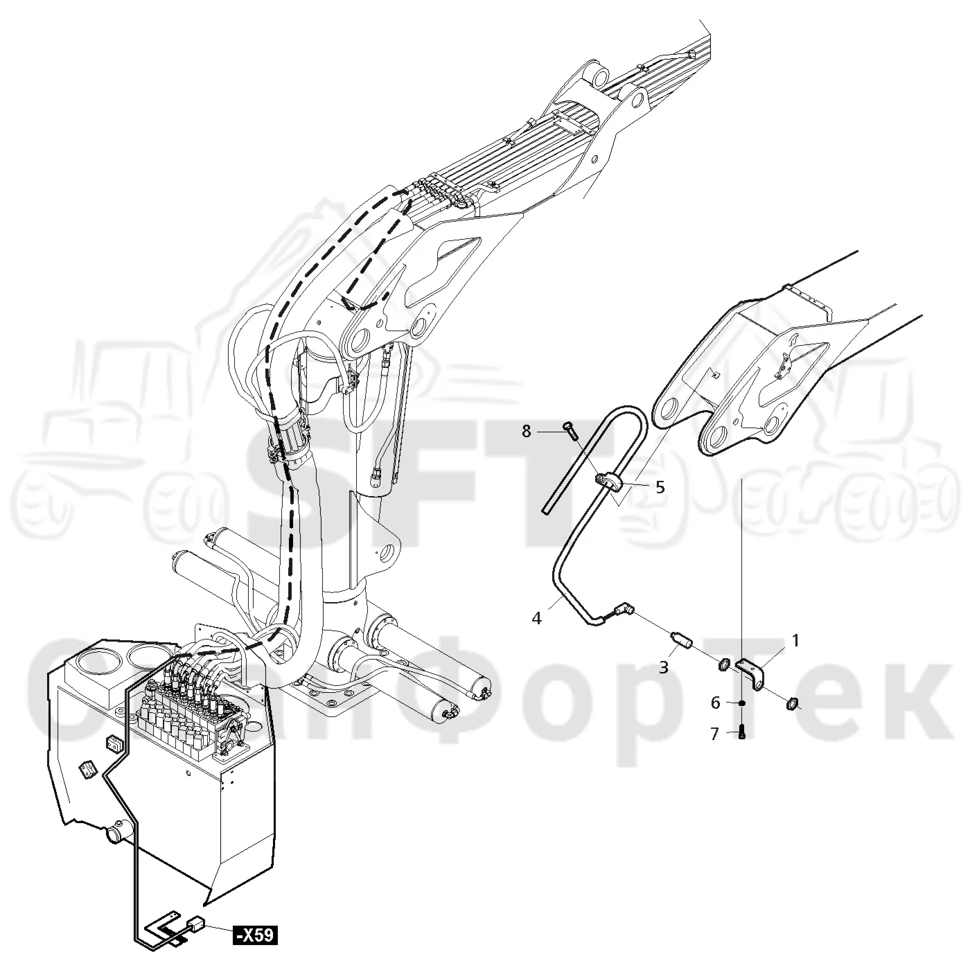 Схема: Komatsu / Форвардер / 890.3 / Каталог запасных частей / Подъемный кран / Подъемный кран / CRF 14 / Каталог запасных частей / Первая стрела / Цилиндр / Комплект электрооборудования