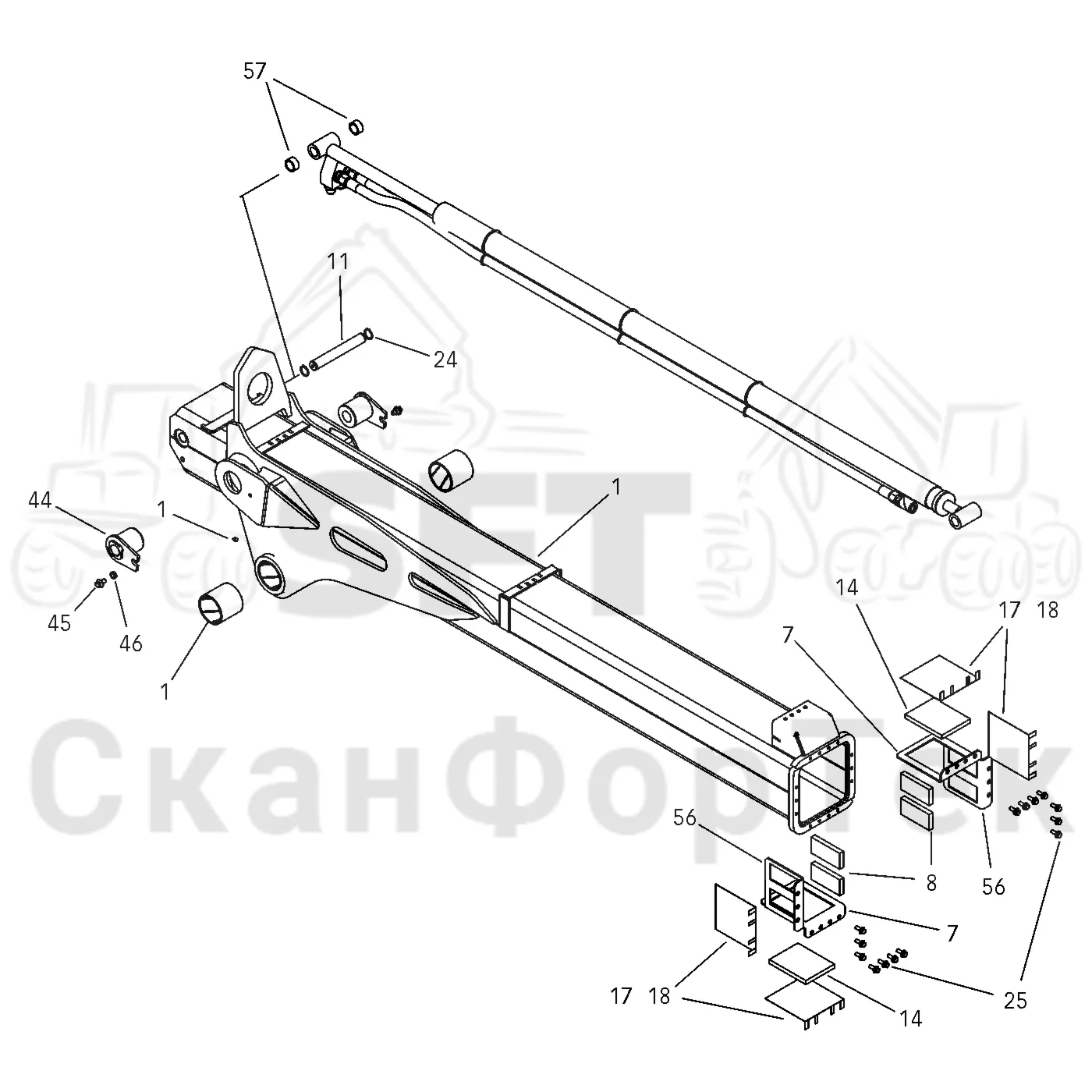 Схема: Komatsu / Форвардер / 890.3 / Каталог запасных частей / Подъемный кран / Подъемный кран / CRF 14 / Каталог запасных частей / Вторая стрела / Стрела / Стрела, наружная