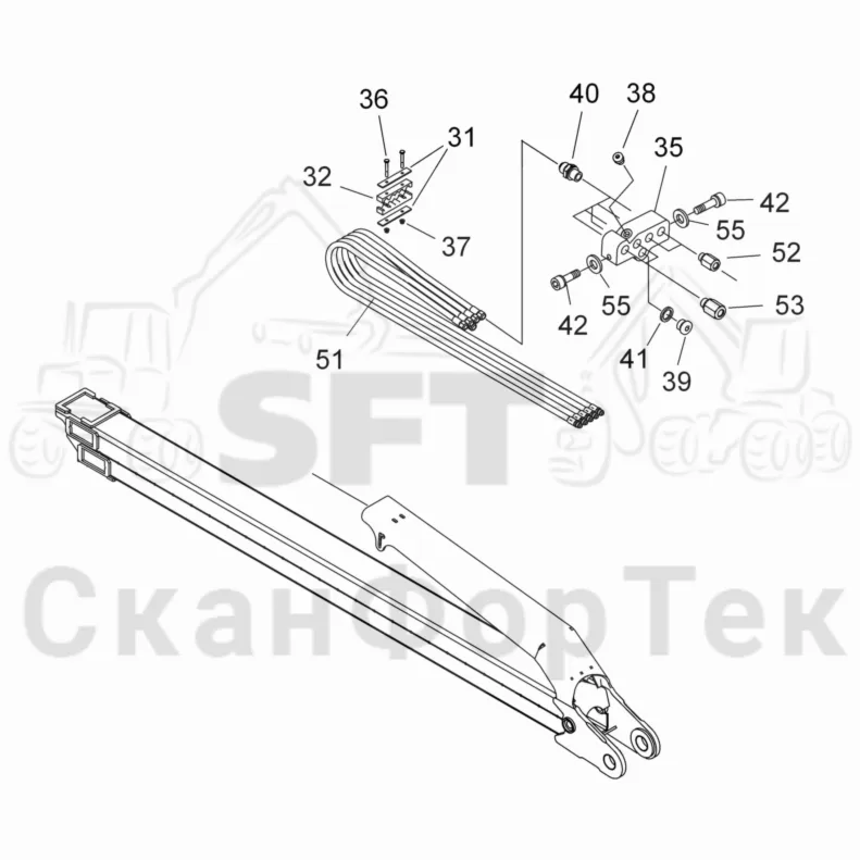 Схема: Valmet / Форвардер / Valmet 890.3 / Valmet 890.3 / Каталог запасных частей / Подъемный кран / Подъемный кран / Valmet CRF 14 Ch. V1001- / Каталог запасных частей / Удлинитель стрелы / Элементы гидравлической системы / Элементы гидравлической системы 8.5 m ProTec