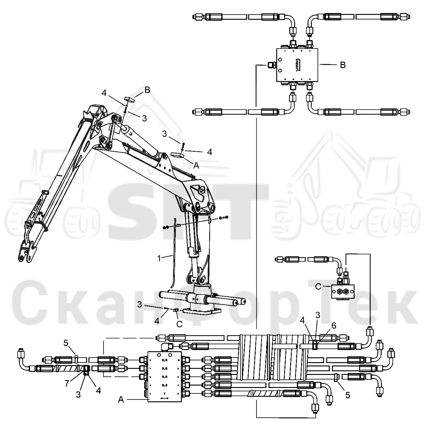 Схема: Komatsu / Форвардер / 890.3 / Каталог запасных частей / Подъемный кран / Подъемный кран / CRF 14 / Каталог запасных частей / Первая стрела / Оборудование / Смазка / Центральная смазка