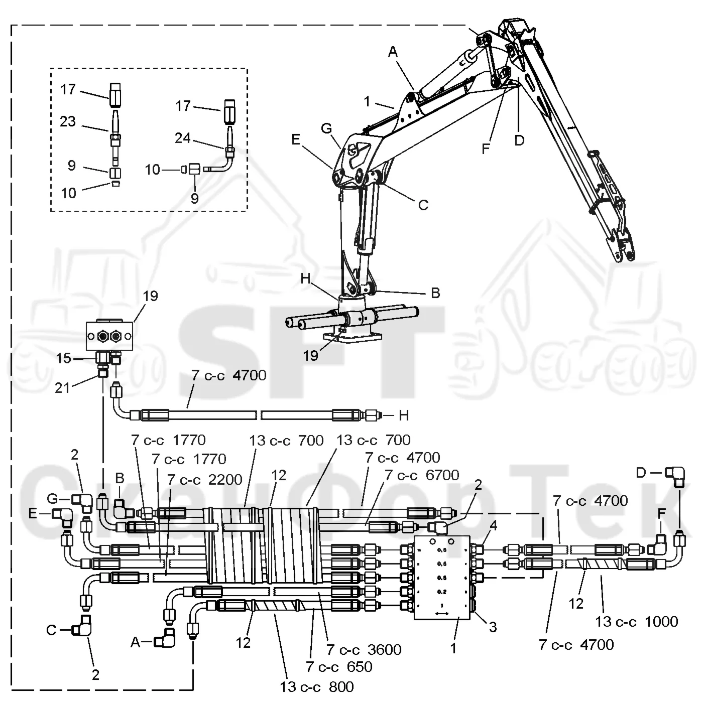 Схема: Valmet / Форвардер / Valmet 890.2 / Valmet 890.2 / Каталог запасных частей / Подъемный кран / Подъемный кран / Valmet CRF 14 Ch. V1001- / Каталог запасных частей / Первая стрела / Оборудование / Смазка / Центральная смазка / Смазка