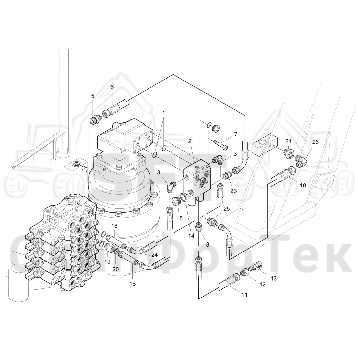 Схема: Valmet / Форвардер / Valmet 890.1 / Valmet 890.1 Ch. 117351-, 119441- / Valmet 890.1 Ch. 117351-, 119 / Каталог запасных частей / Оборудование захвата / Захват / Valmet 901.2 Ch. -211060 / Каталог запасных частей / Подъемный кран / Поворотное демпфирование