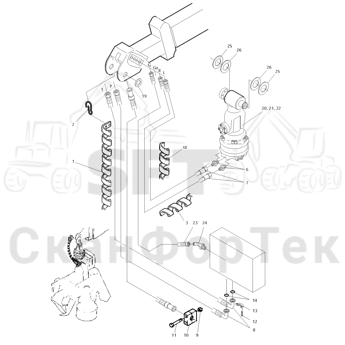 Схема: Valmet / Головки лесозаготовительной машины / Valmet 965 S2 / Valmet 965 S2 / Valmet 965 / Каталог запасных частей / Поворотные устройства и звенья / Головка подъемного крана 1600