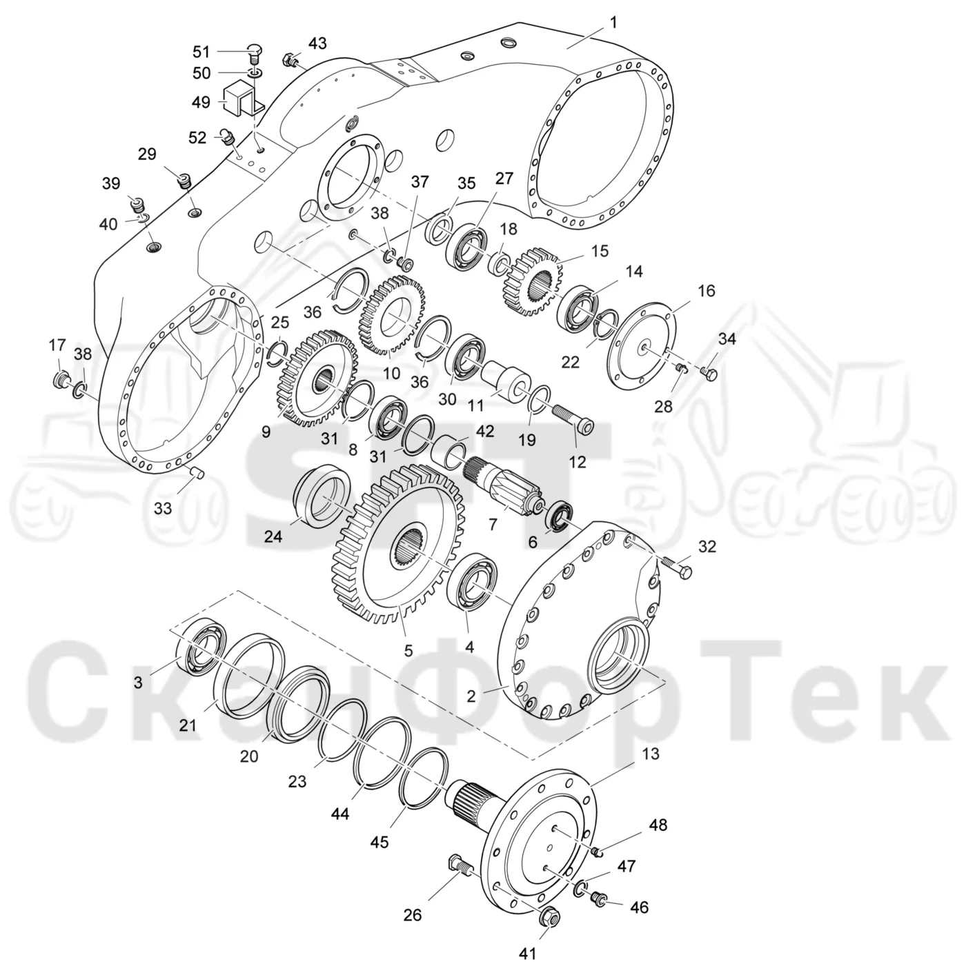 Схема: Valmet / Лесозаготовительные машины / Valmet 801 c / Valmet 801c Ch -11730 / Valmet 801c Ch -11730 / Каталог запасных частей / Коробка передач / Мост каретки / Корпус каретки