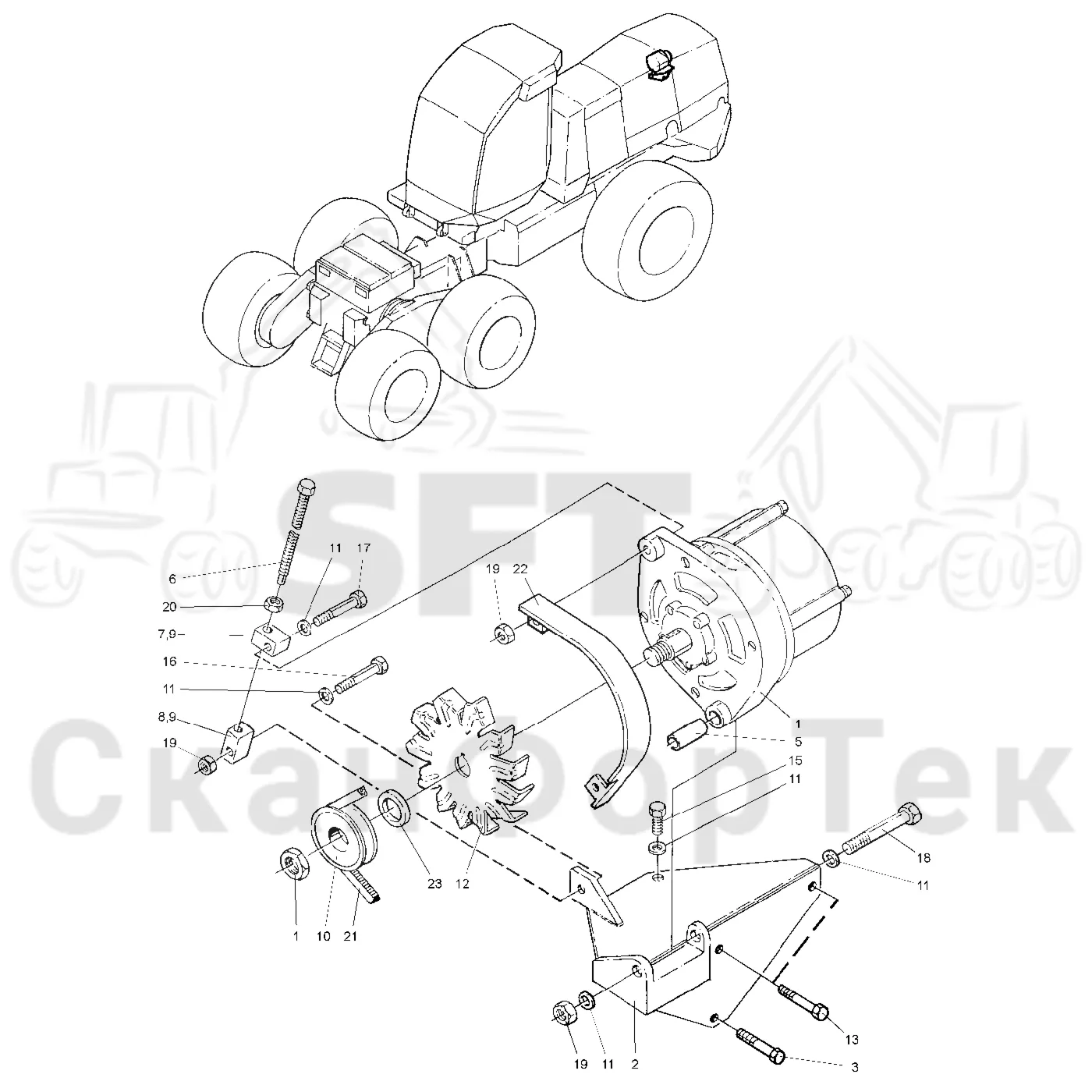 Схема: Valmet / Лесозаготовительные машины / Valmet 921 / Valmet 921 Ch -13270 / Valmet 921 Ch -13270 / Каталог запасных частей / Двигатель / Генератор переменного тока / Генератор переменного тока верхний