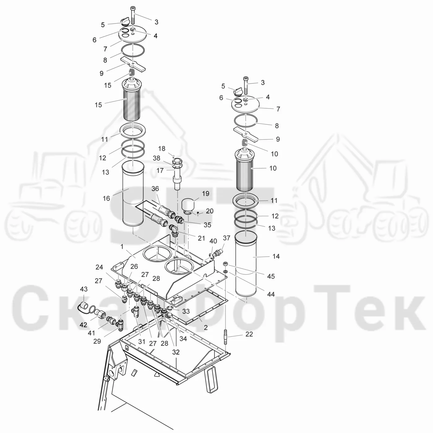 Схема: Valmet / Лесозаготовительные машины / Valmet 901.4 / Valmet 901.4 / Каталог запасных частей / Гидравлика / Бак гидравлики / Корпус фильтра