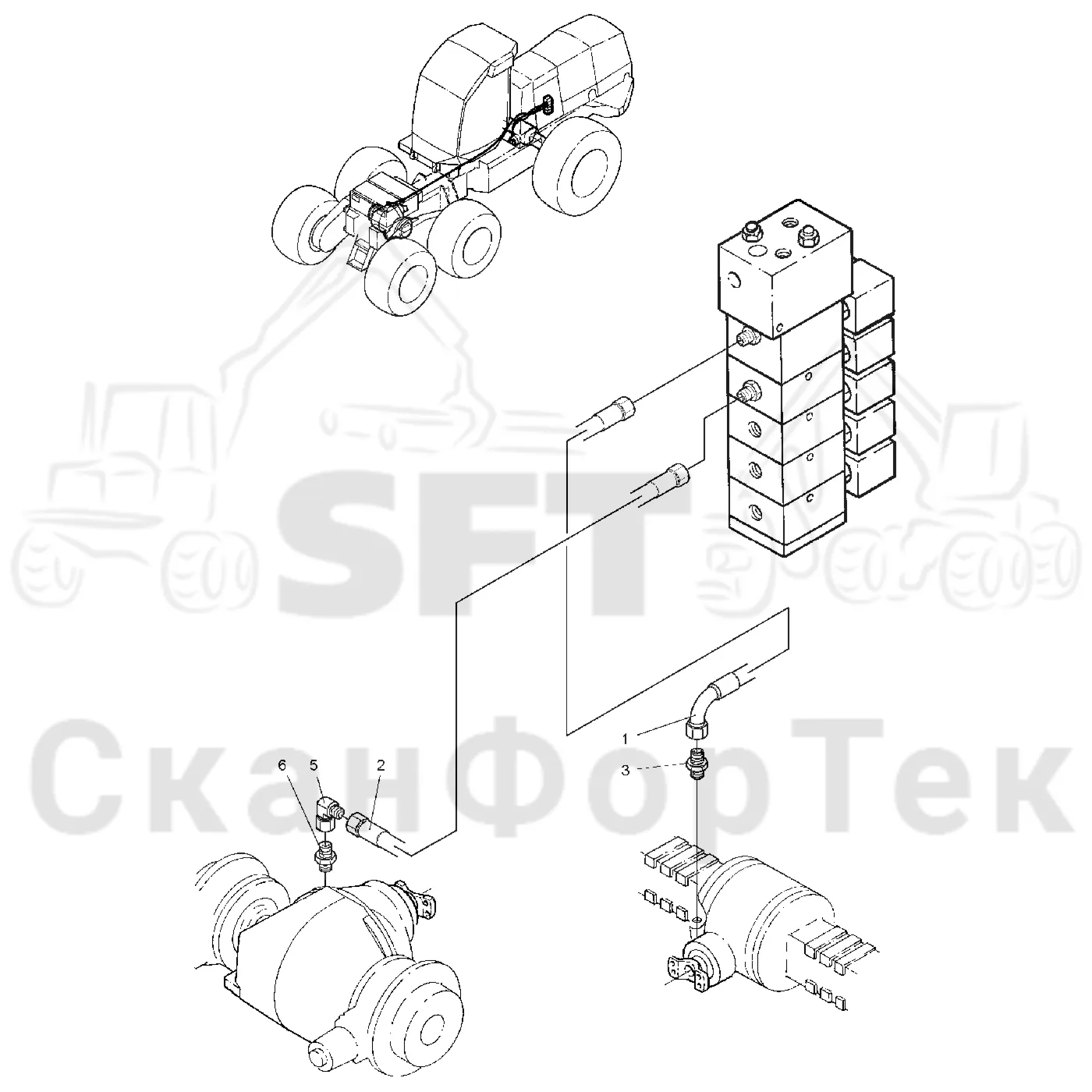 Схема: Valmet / Лесозаготовительные машины / Valmet 921 / Valmet 921 Ch -13270 / Valmet 921 Ch -13270 / Каталог запасных частей / Коробка передач / Блокировка дифференциала / Блокировка дифференциала на 6 колес