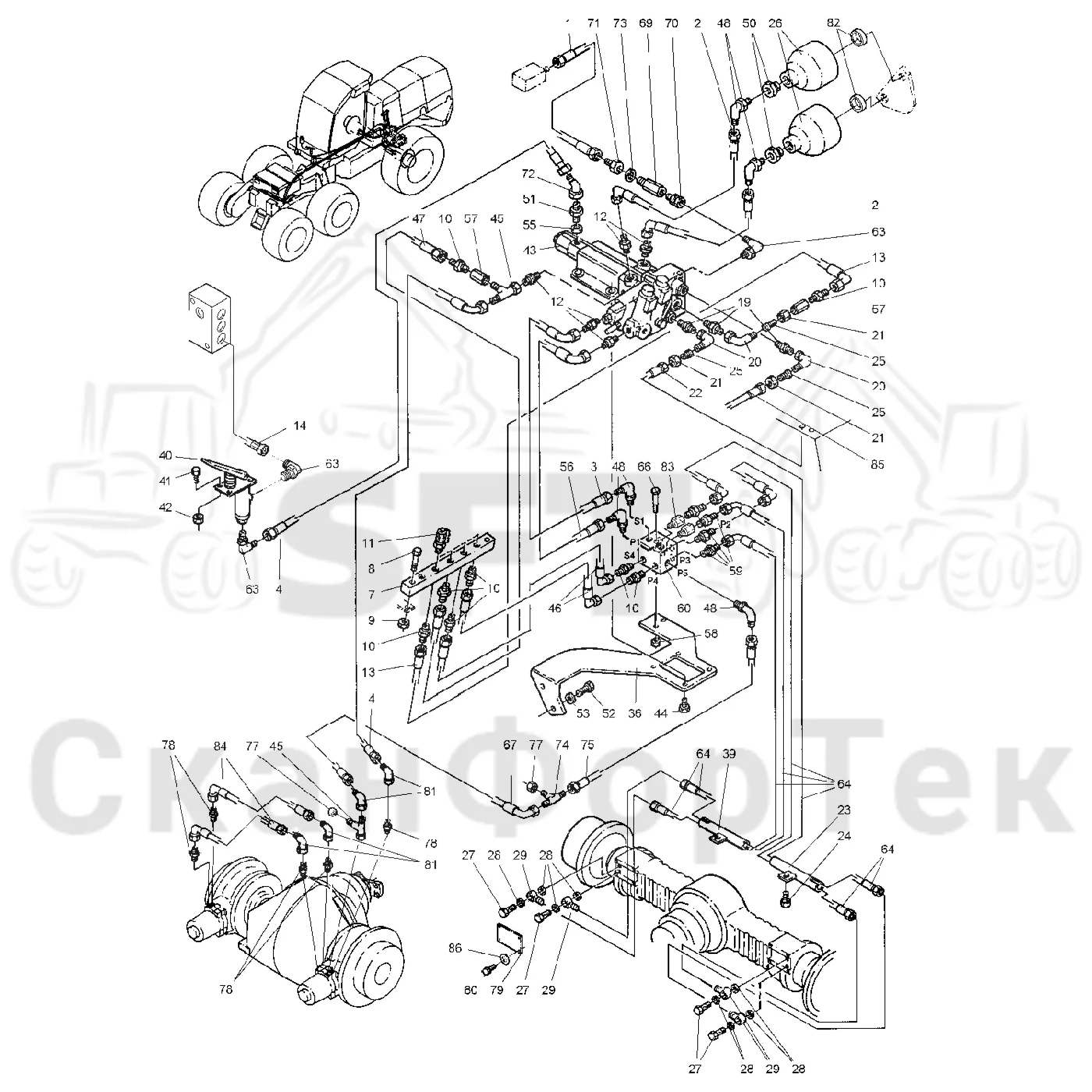 Схема: Valmet / Лесозаготовительные машины / Valmet 921 / Valmet 921 Ch -13270 / Valmet 921 Ch -13270 / Каталог запасных частей / Тормоза / Тормоза на 6 колес / Гидравлический привод тормозов на 6 колес