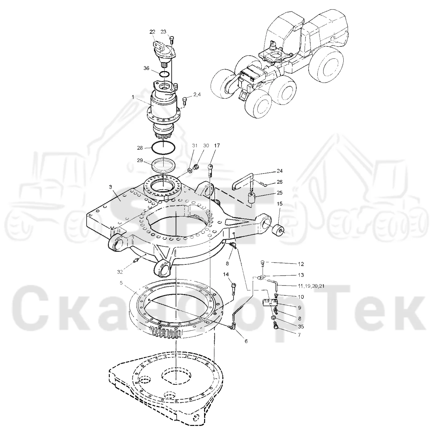 Схема: Valmet / Лесозаготовительные машины / Valmet 921 / Valmet 921 Ch 13271- / Valmet 921 Ch 13271- / Каталог запасных частей / Подъемный кран / Поворотное оборудование кабины / Cabin turning equipment mecanics