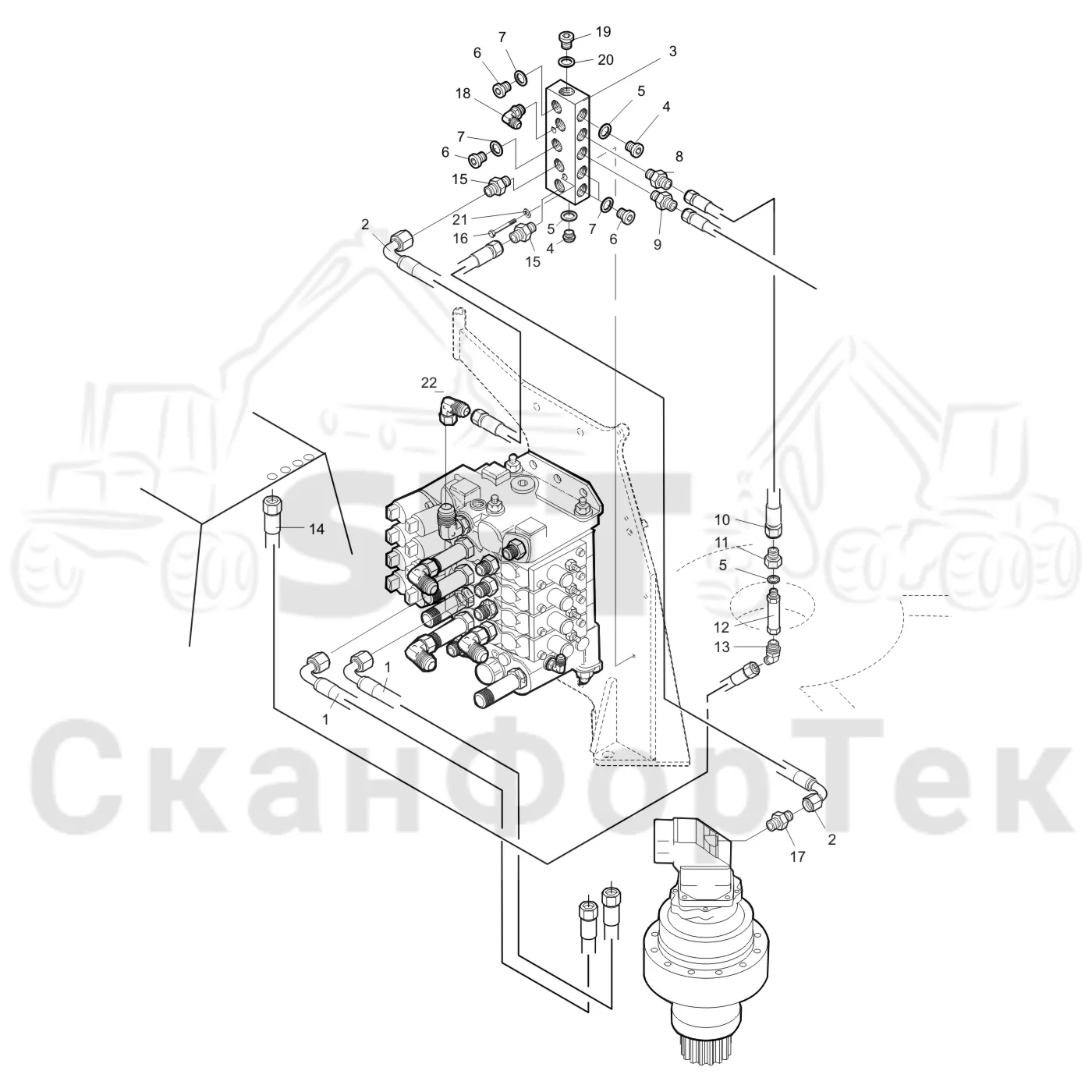 Схема: Valmet / Лесозаготовительные машины / Valmet 921 / Valmet 921 Ch -13270 / Valmet 921 Ch -13270 / Каталог запасных частей / Подъемный кран / Поворотное оборудование кабины / Кабина, гидравлика устройства поворота