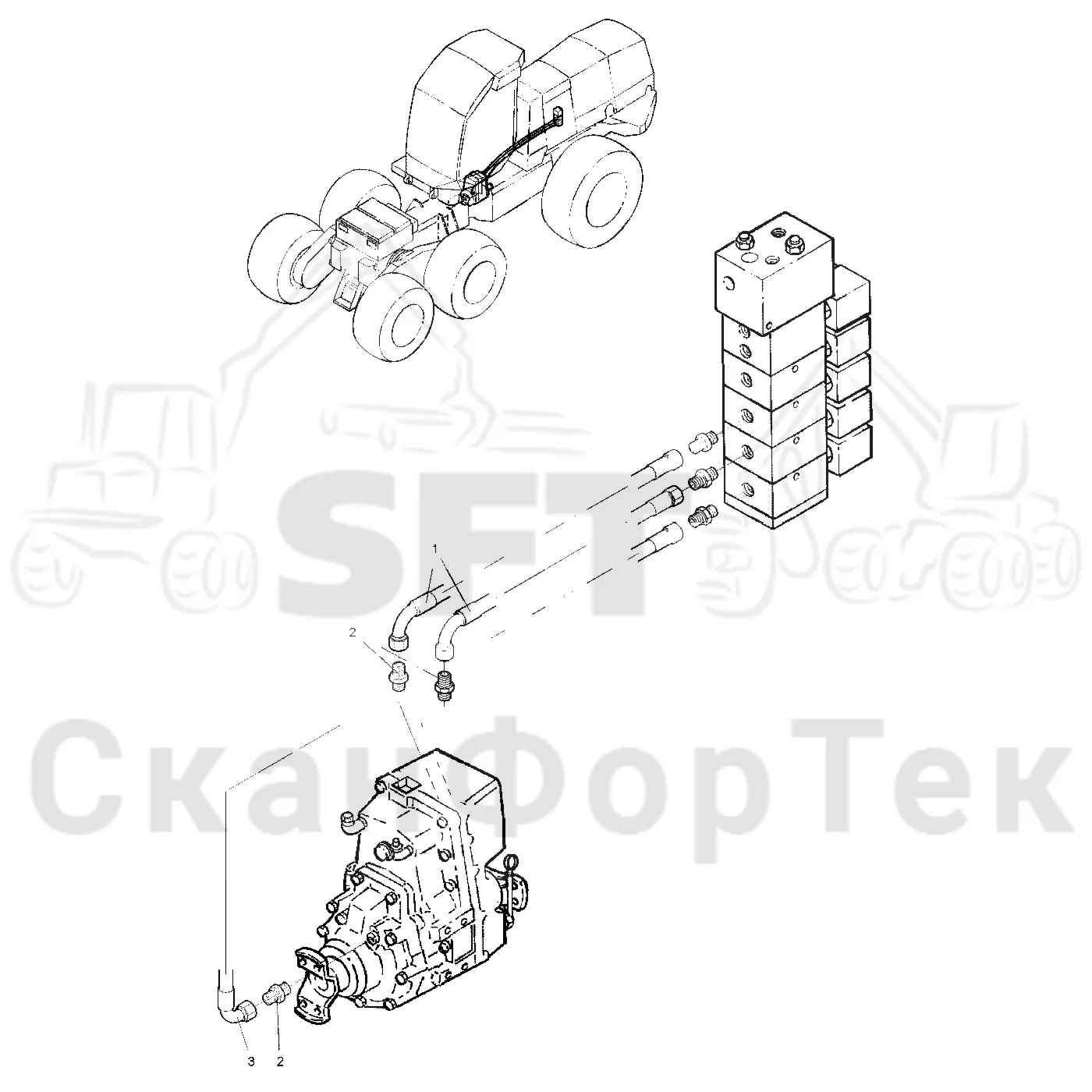 Схема: Valmet / Лесозаготовительные машины / Valmet 921 / Valmet 921 Ch 13271- / Valmet 921 Ch 13271- / Каталог запасных частей / Коробка передач / Редуктор / Gearbox VL 48 / Гидравлическое оборудование переключения повышающей-понижающей передачи с полным приводом на 2-6 колес