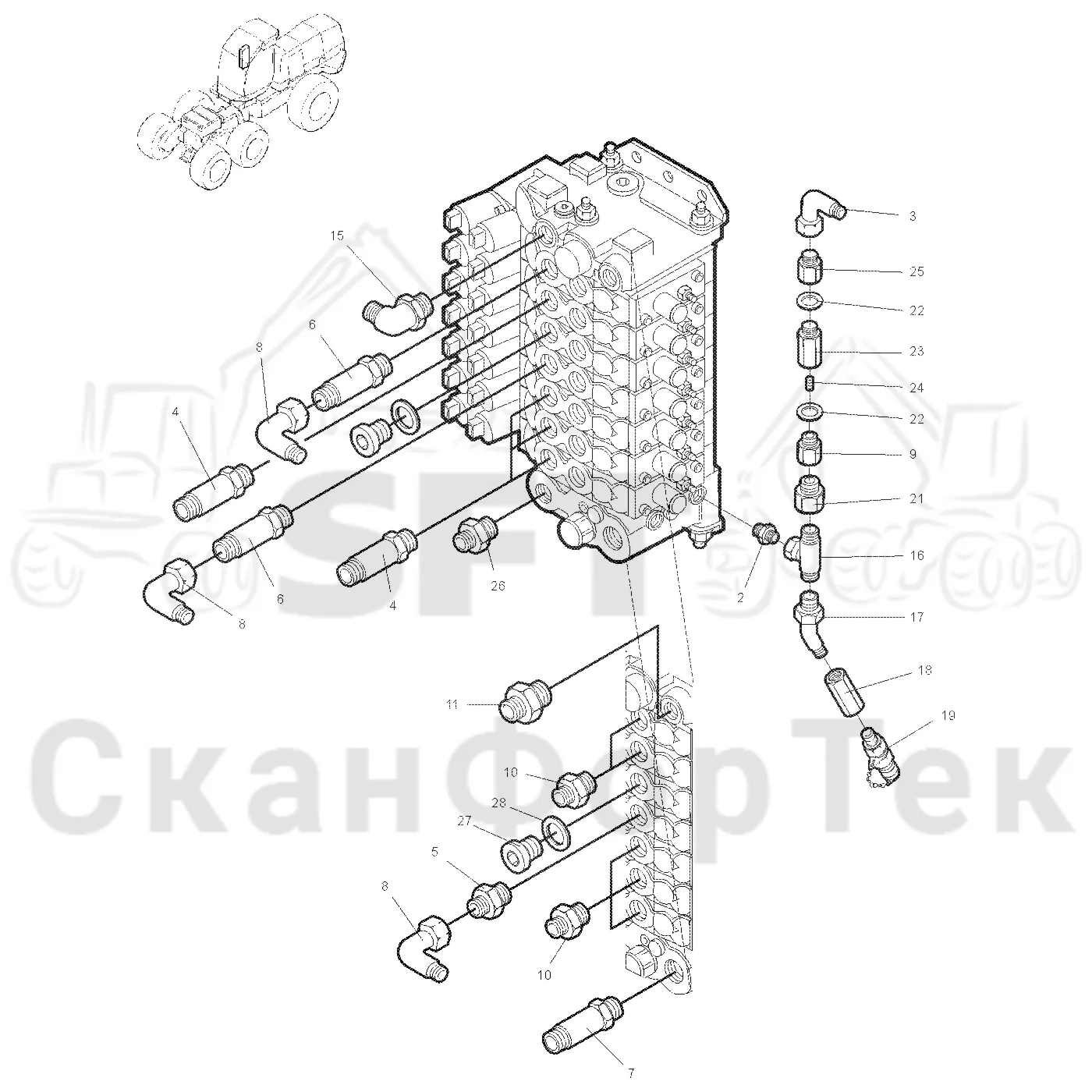 Схема: Valmet / Лесозаготовительные машины / Valmet 921 / Valmet 921 Ch 13271- / Valmet 921 Ch 13271- / Каталог запасных частей / Гидравлика / Клапан телескопических подъемных кранов / 1600 crane 300 head series / Гидравлический клапан