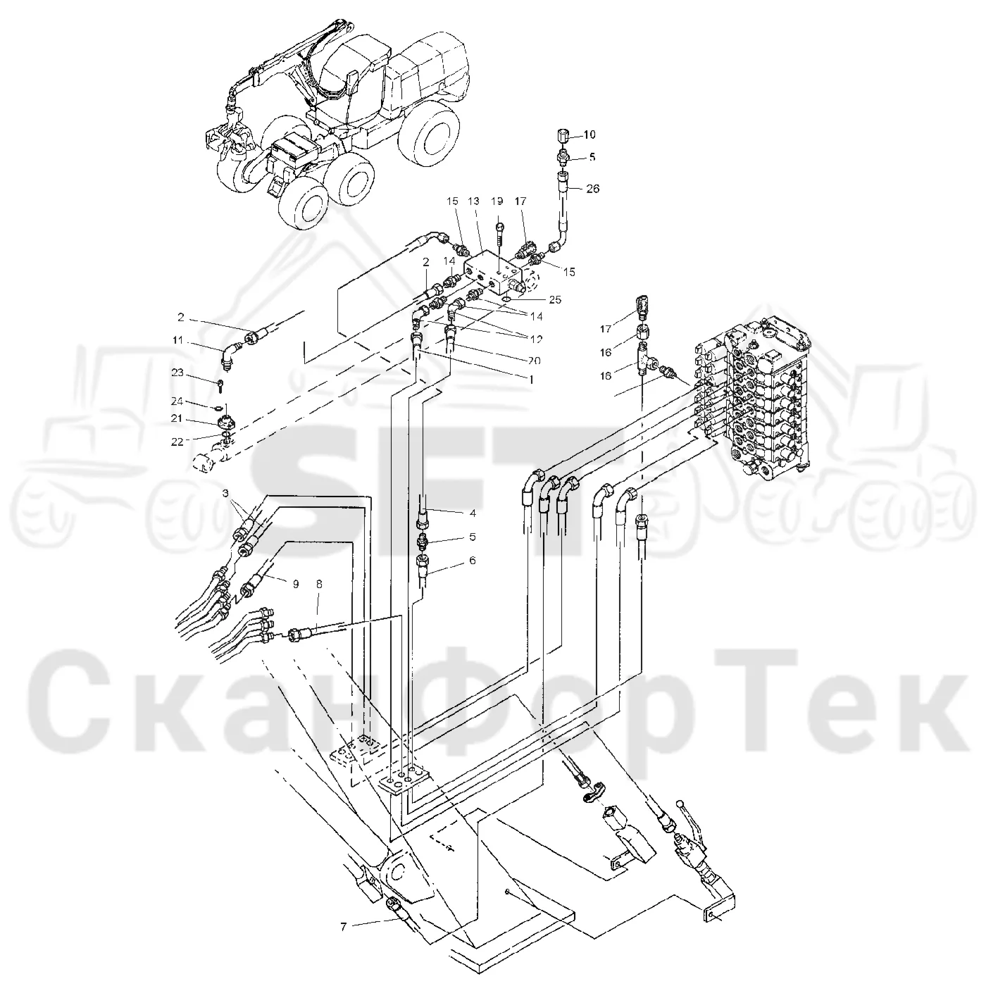 Схема: Valmet / Лесозаготовительные машины / Valmet 921 / Valmet 921 Ch 13271- / Valmet 921 Ch 13271- / Каталог запасных частей / Подъемный кран / Прокладка шланга / 1600 crane / Подвод шланга