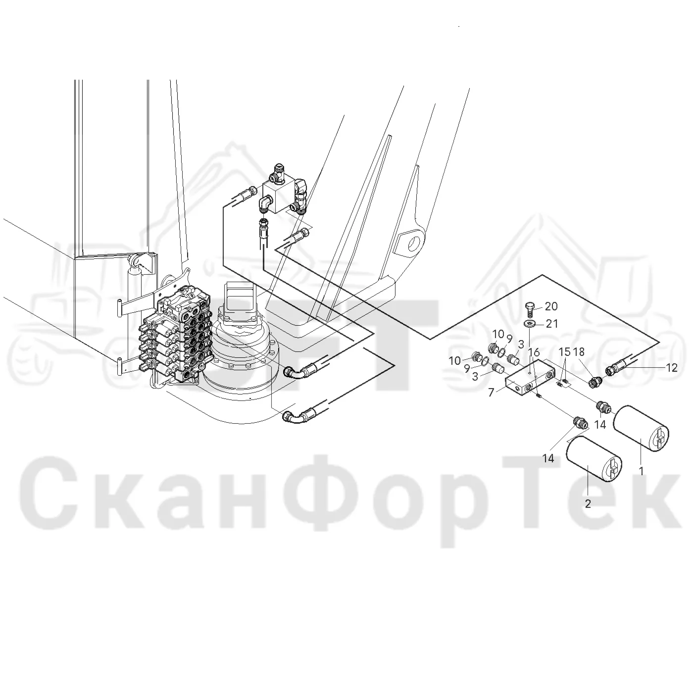 Схема: Valmet / Лесозаготовительные машины / Valmet 921 / Valmet 921 Ch 13271- / Valmet 921 Ch 13271- / Каталог запасных частей / Подъемный кран / Прокладка шланга / 1600 crane / Демпфер подъемного крана