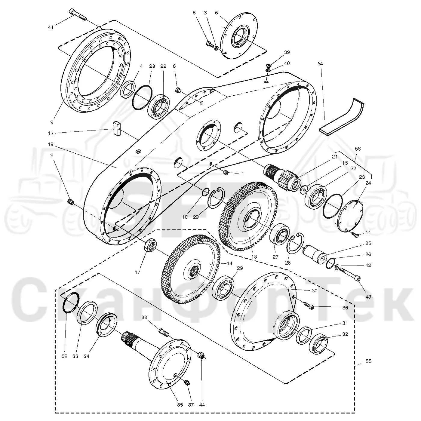 Схема: Valmet / Форвардер / Valmet 890.1 / Valmet 890.1 Ch. 117351-, 119441- / Valmet 890.1 Ch. 117351-, 119 / Каталог запасных частей / Коробка передач / Мост каретки / каретки / Корпус каретки