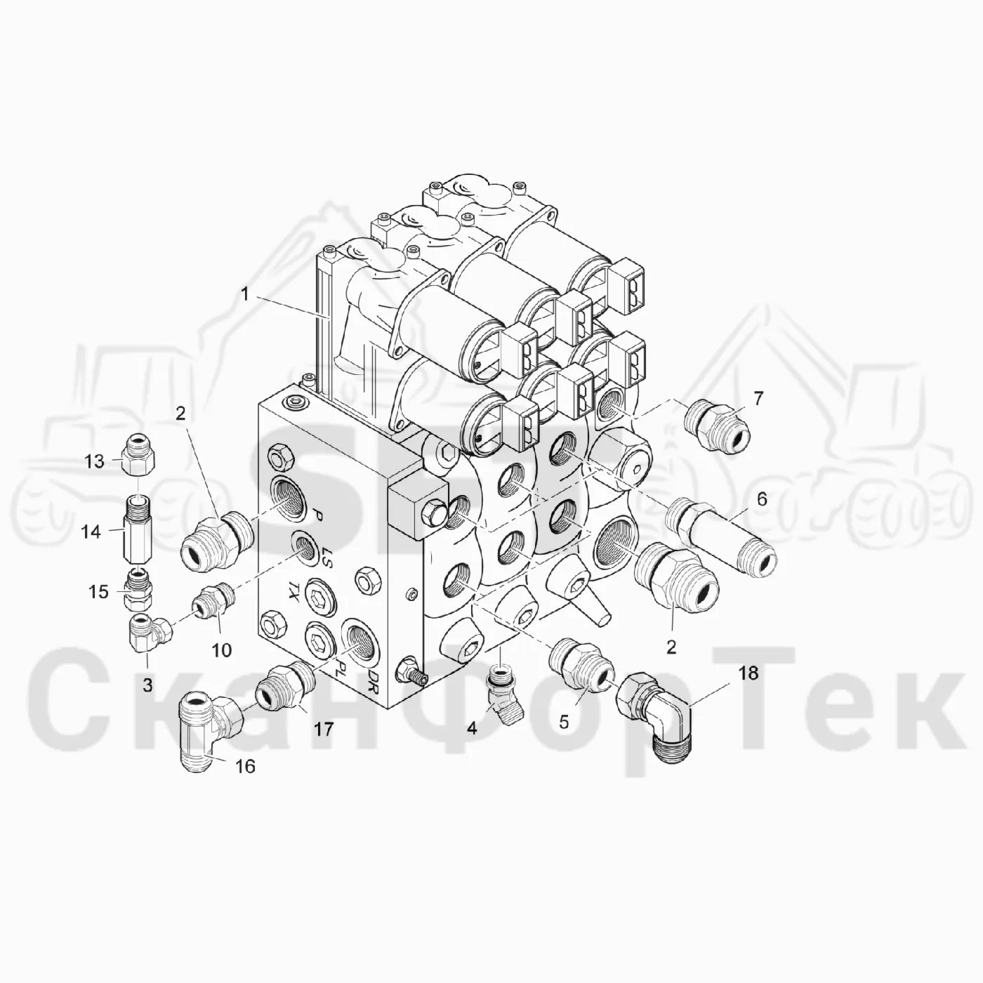 Схема: Komatsu / Лесозаготовительные машины / 911.4 / Каталог запасных частей / Гидравлика / Клапан шасси / Клапан шасси