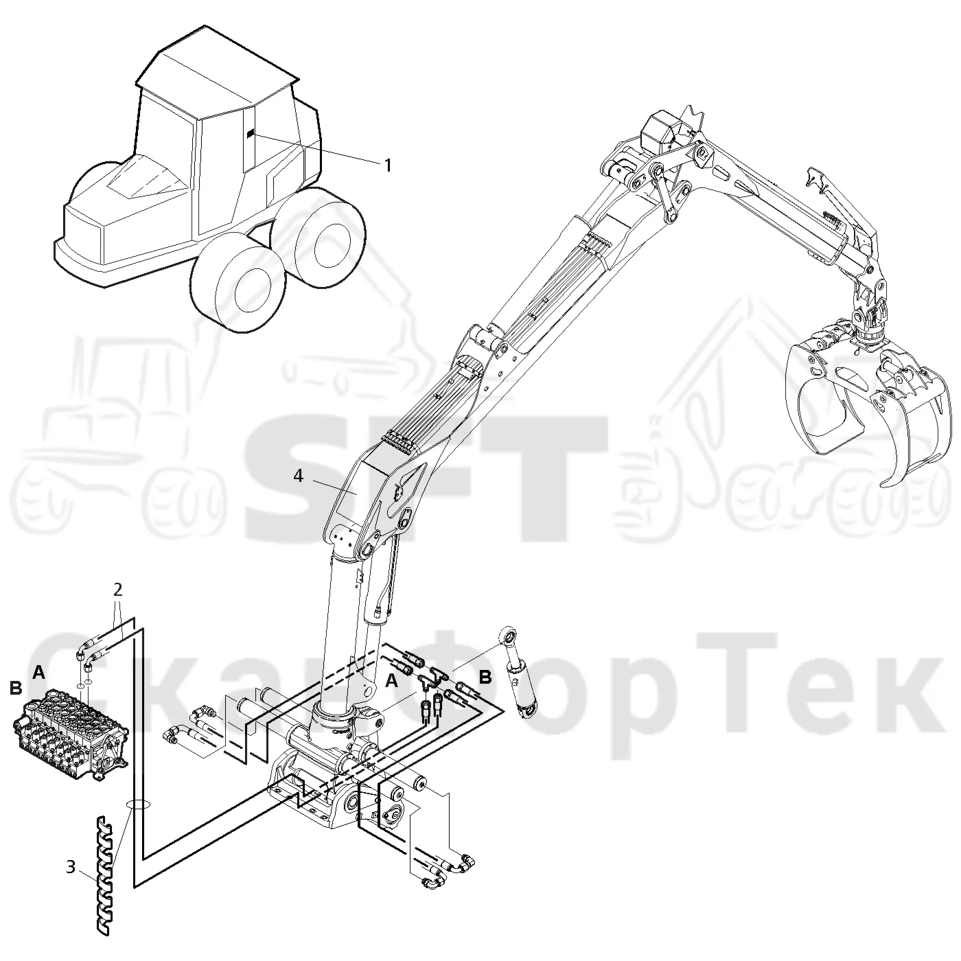Схема: Valmet / Форвардер / Valmet 860.4 / Valmet 860.4 / Каталог запасных частей / Подъемный кран / Подъемный кран / Valmet CRF 11 Ch. V1001- / Каталог запасных частей / CRF 11 Combi ProTec Tilt / Подвод шланга