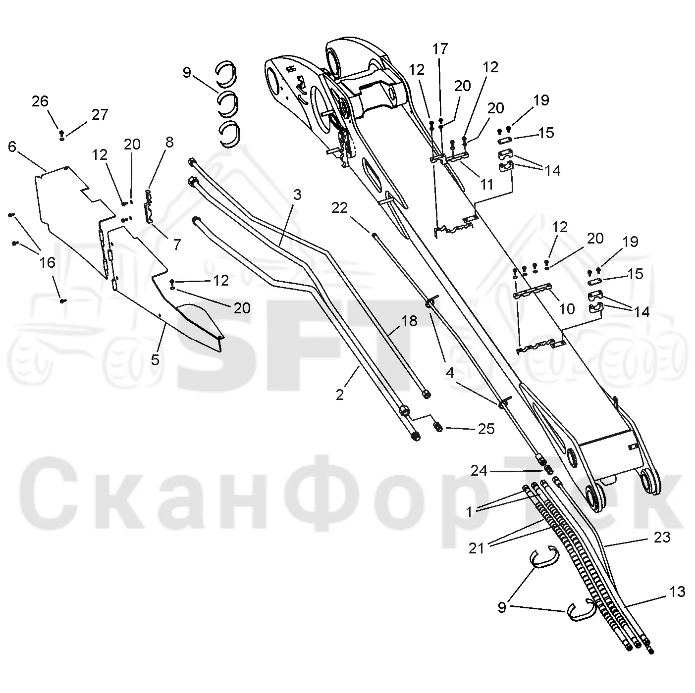 Схема: Valmet / Лесозаготовительные машины / Valmet 901.4 / Valmet 901.4 / Каталог запасных частей / Подъемный кран / Подъемные краны / Valmet CRH 15 Ch. V1190- / Каталог запасных частей / Первая стрела / Элементы гидравлической системы / Основная стрела. Гидравлика