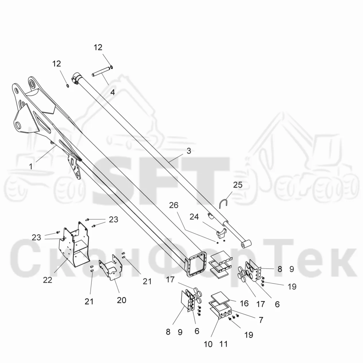 Схема: Valmet / Лесозаготовительные машины / Valmet 901.4 / Valmet 901.4 / Каталог запасных частей / Подъемный кран / Подъемные краны / Valmet CRH 15 Ch. V1190- / Каталог запасных частей / Вторая стрела / Стрела / Стрела, наружная
