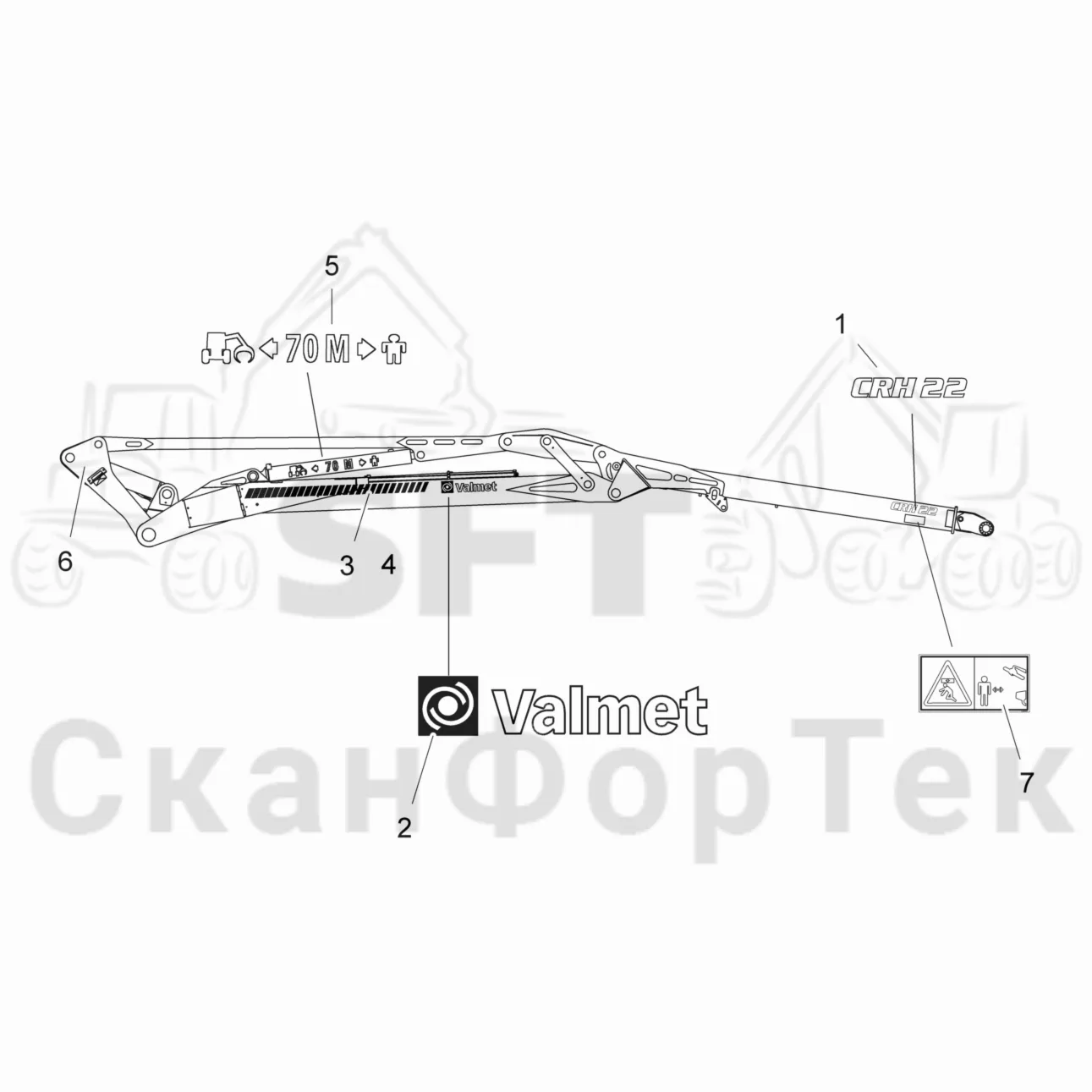 Схема: Valmet / Лесозаготовительные машины / Valmet 931 / Valmet 931 / Каталог запасных частей / Подъемный кран / Подъемные краны / Catalog / Каталог запасных частей / Вторая стрела / Стрела / Таблички/Наклейки / Комплект бирок