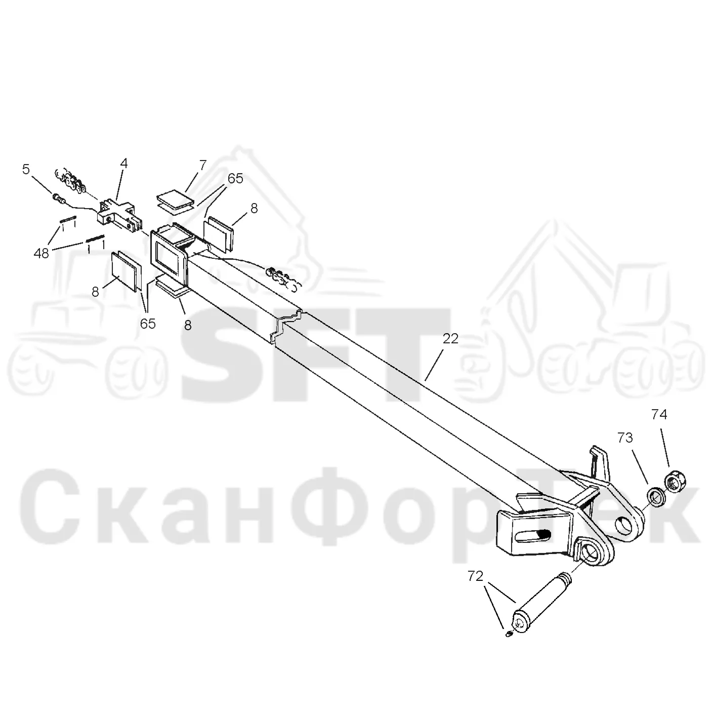 Схема: Valmet / Форвардер / Valmet 830.3 / Valmet 830.3 / Каталог запасных частей / Подъемный кран / Подъемный кран / Valmet CRF 5 Ch. V1001- / Каталог запасных частей / Удлинитель стрелы / Стрела / Телескопическая стрела, внутренняя