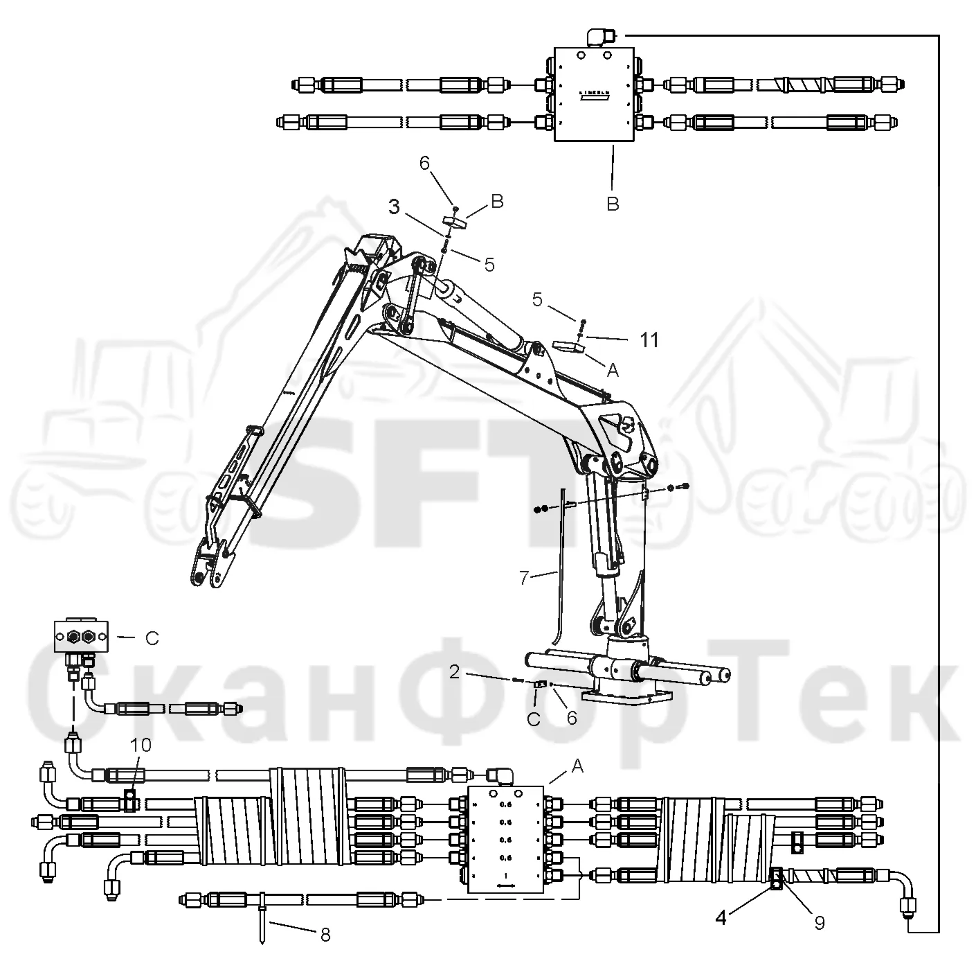 Схема: Valmet / Форвардер / Valmet 860.3 / Valmet 860.3 / Каталог запасных частей / Подъемный кран / Подъемный кран / Valmet CRF 10 Ch. V1001- / Каталог запасных частей / Вторая стрела / Оборудование / Смазка / Центральная смазка