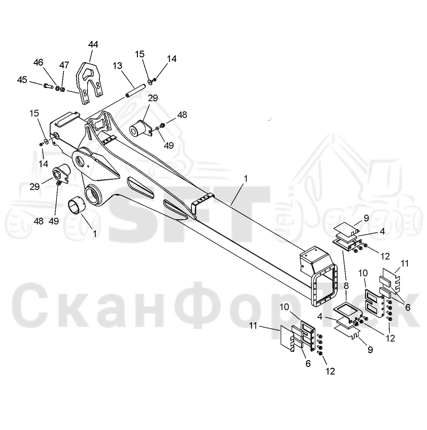 Схема: Valmet / Форвардер / Valmet 860.3 / Valmet 860.3 / Каталог запасных частей / Подъемный кран / Подъемный кран / Valmet CRF 10 Ch. V1001- / Каталог запасных частей / Вторая стрела / Стрела, наружная / Внешняя стрела, Tele/Tele ProTec