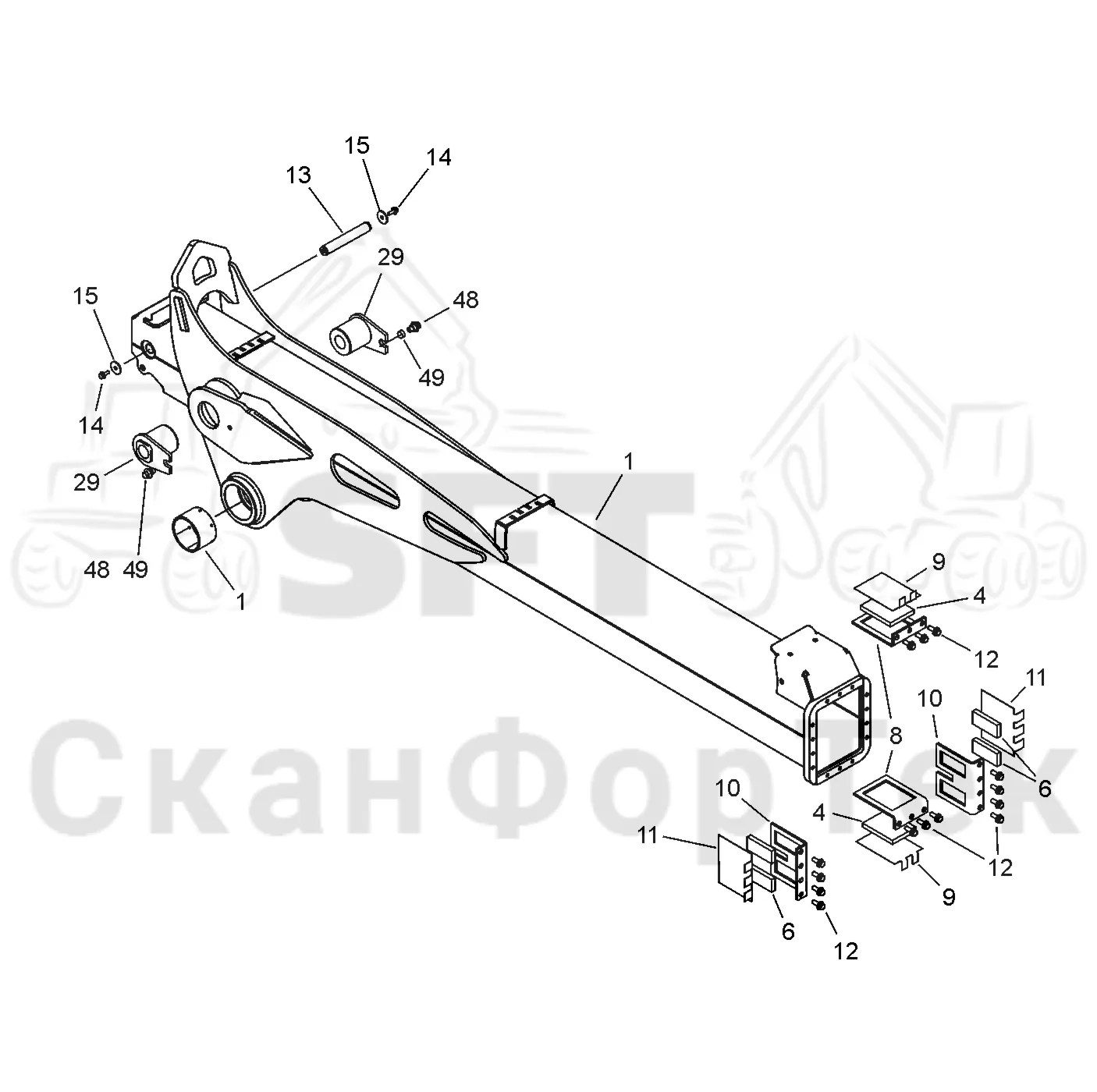 Схема: Valmet / Форвардер / Valmet 860.3 / Valmet 860.3 / Каталог запасных частей / Подъемный кран / Подъемный кран / Valmet CRF 10 Ch. V1001- / Каталог запасных частей / Вторая стрела / Стрела, наружная / Внешняя стрела, Tele/Tele ProTec  V1148-