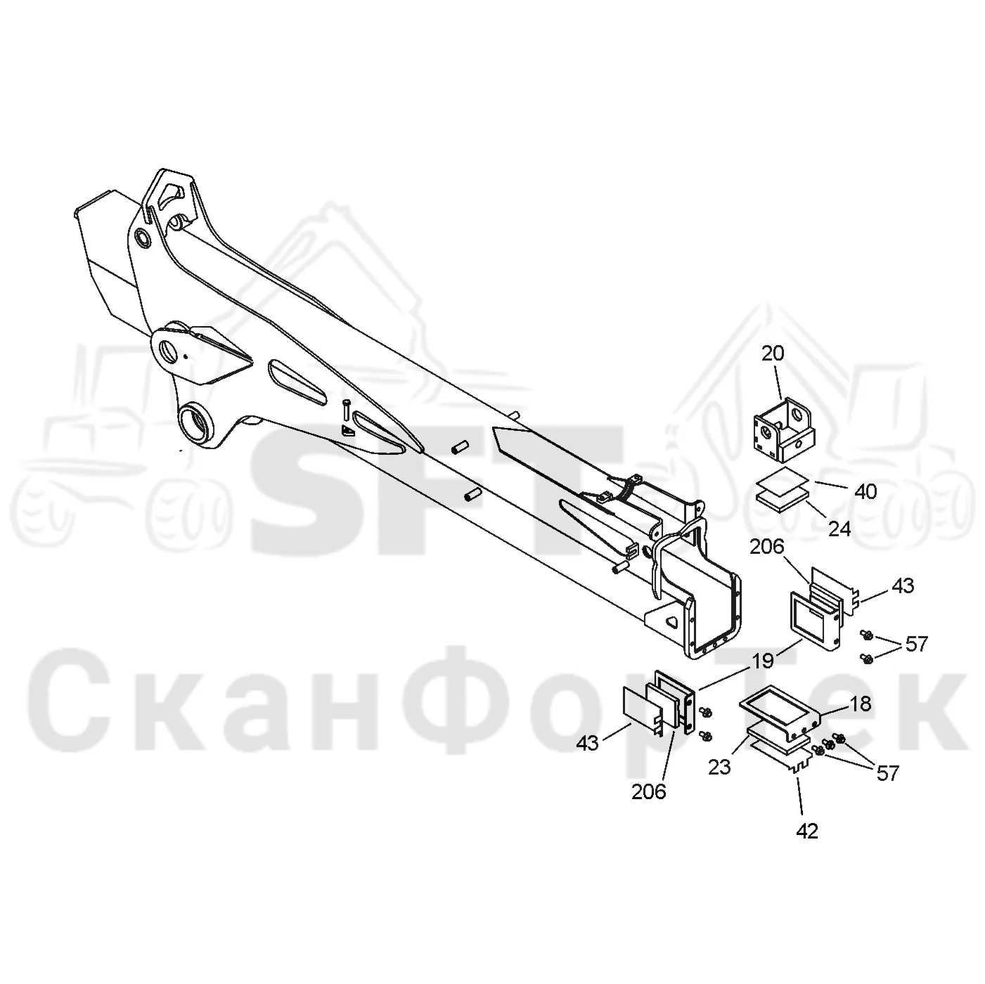 Схема: Valmet / Форвардер / Valmet 860.3 / Valmet 860.3 / Каталог запасных частей / Подъемный кран / Подъемный кран / Valmet CRF 10 Ch. V1001- / Каталог запасных частей / Вторая стрела / Стрела, наружная / Скользящая подушка Combi