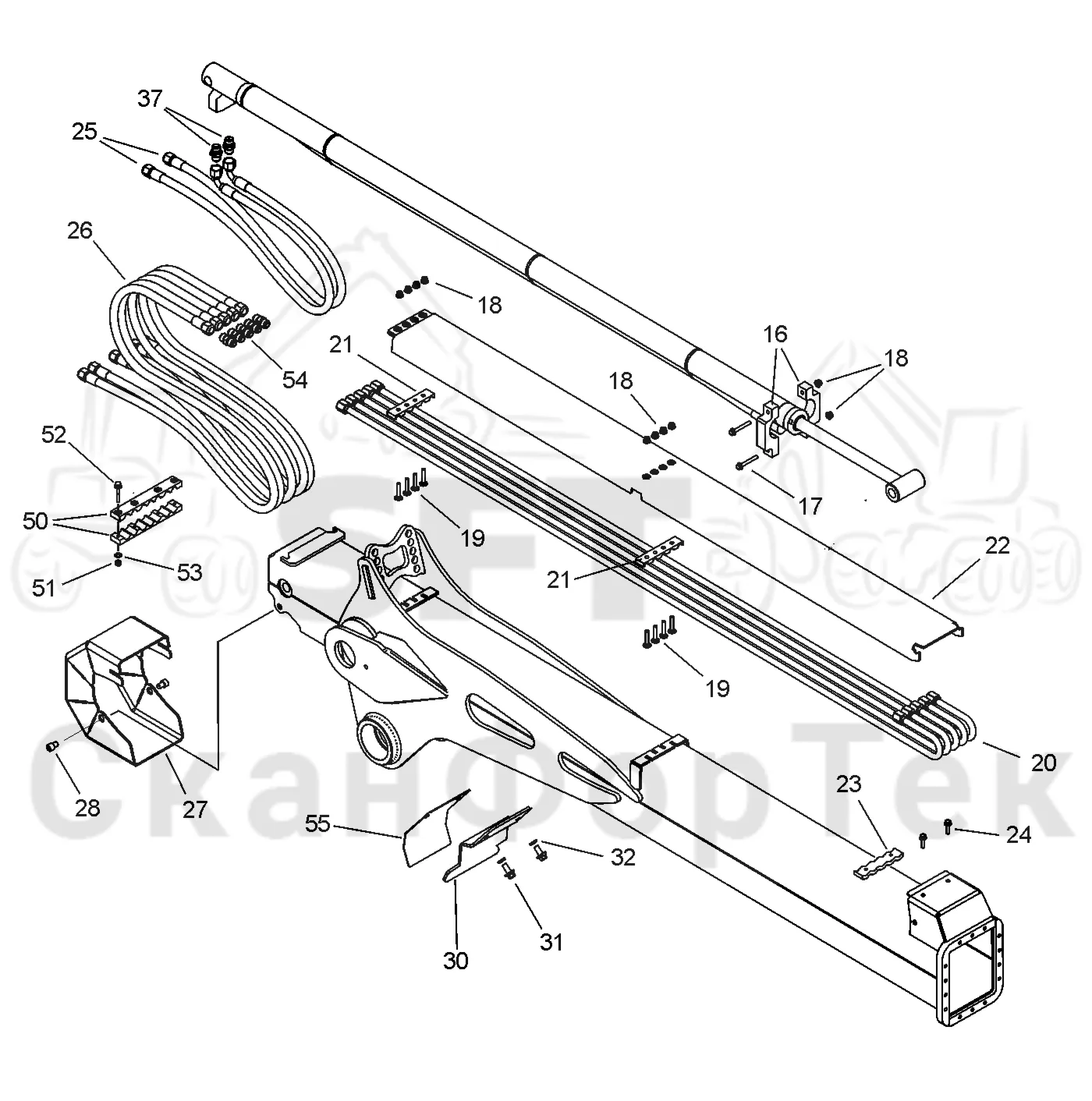 Схема: Valmet / Форвардер / Valmet 860.3 / Valmet 860.3 / Каталог запасных частей / Подъемный кран / Подъемный кран / Valmet CRF 10 Ch. V1001- / Каталог запасных частей / Вторая стрела / Элементы гидравлической системы / Трубы и шланги, Tele/Tele ProTec