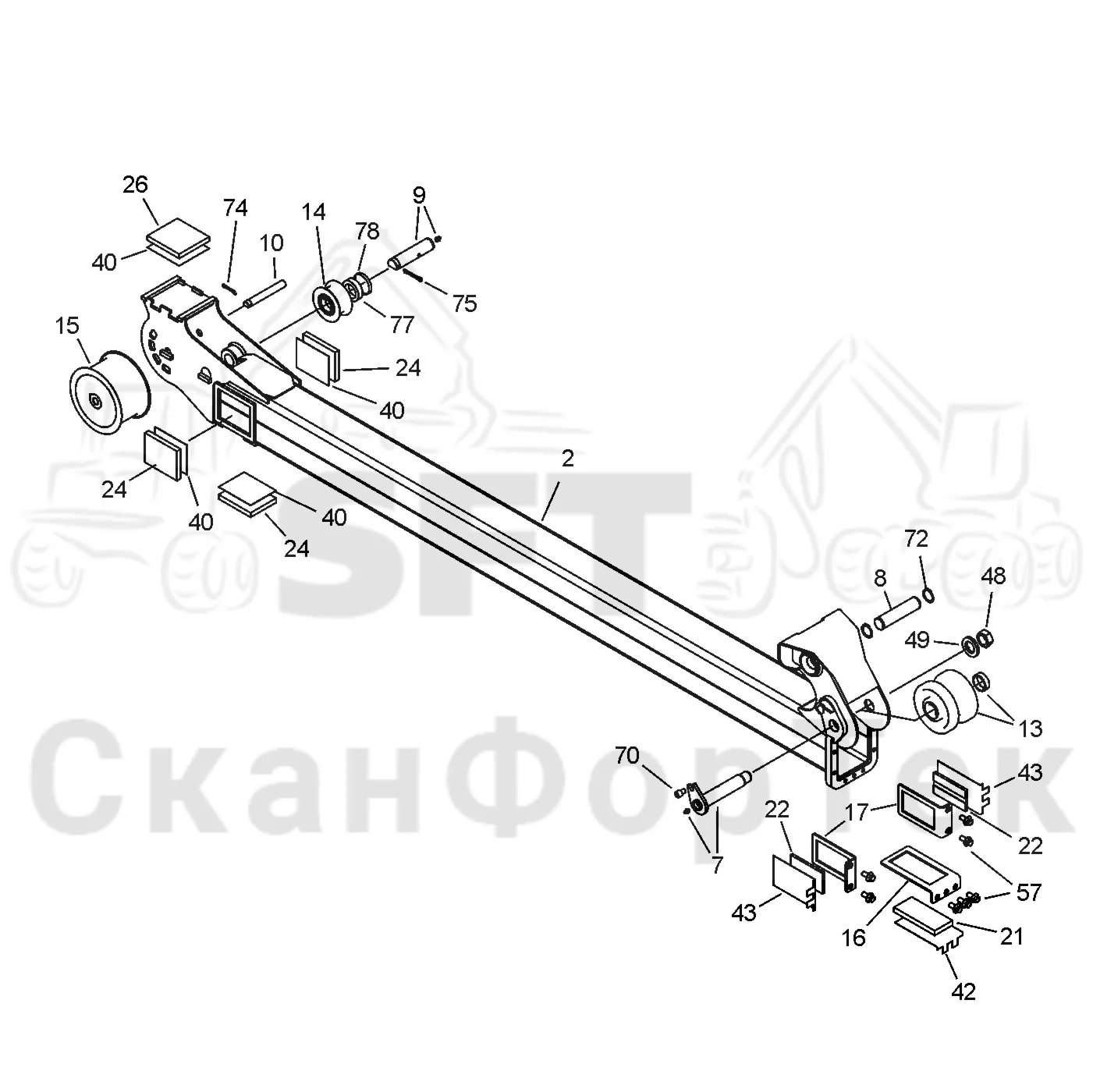 Схема: Valmet / Форвардер / Valmet 860.3 / Valmet 860.3 / Каталог запасных частей / Подъемный кран / Подъемный кран / Valmet CRF 10 Ch. V1001- / Каталог запасных частей / Удлинитель стрелы / Стрела / Стрела, промежуточная